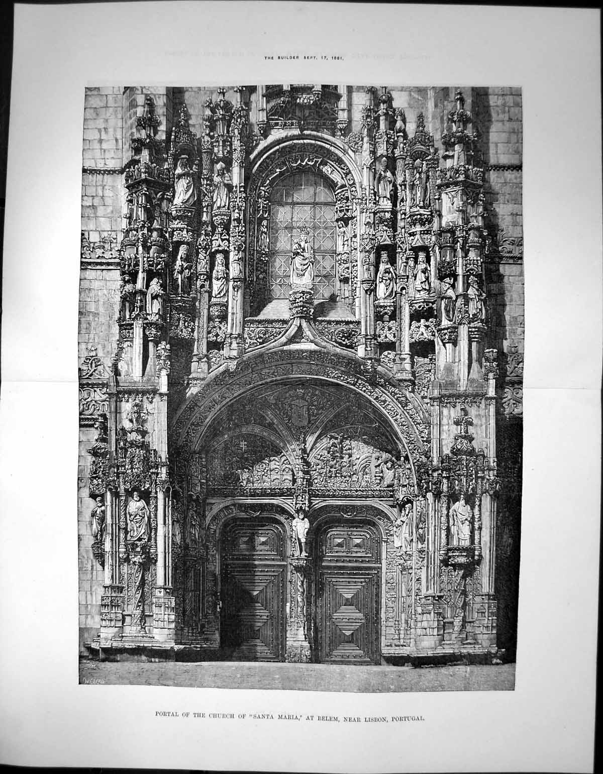Old Antique Print Portal Church Santa Maria Belem Lisbon Portugal 1881 19th