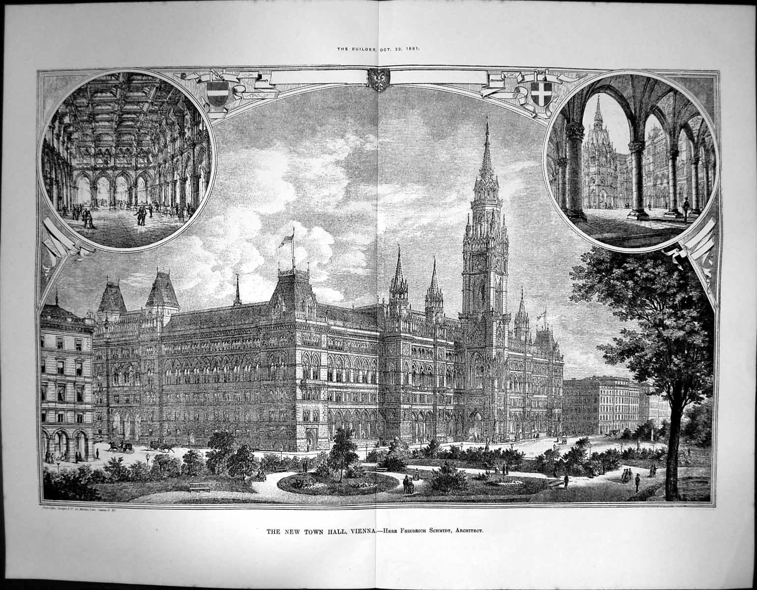 Antique Old Print New Town Hall Vienna Herr Friedrich Schmidt Architect 1881