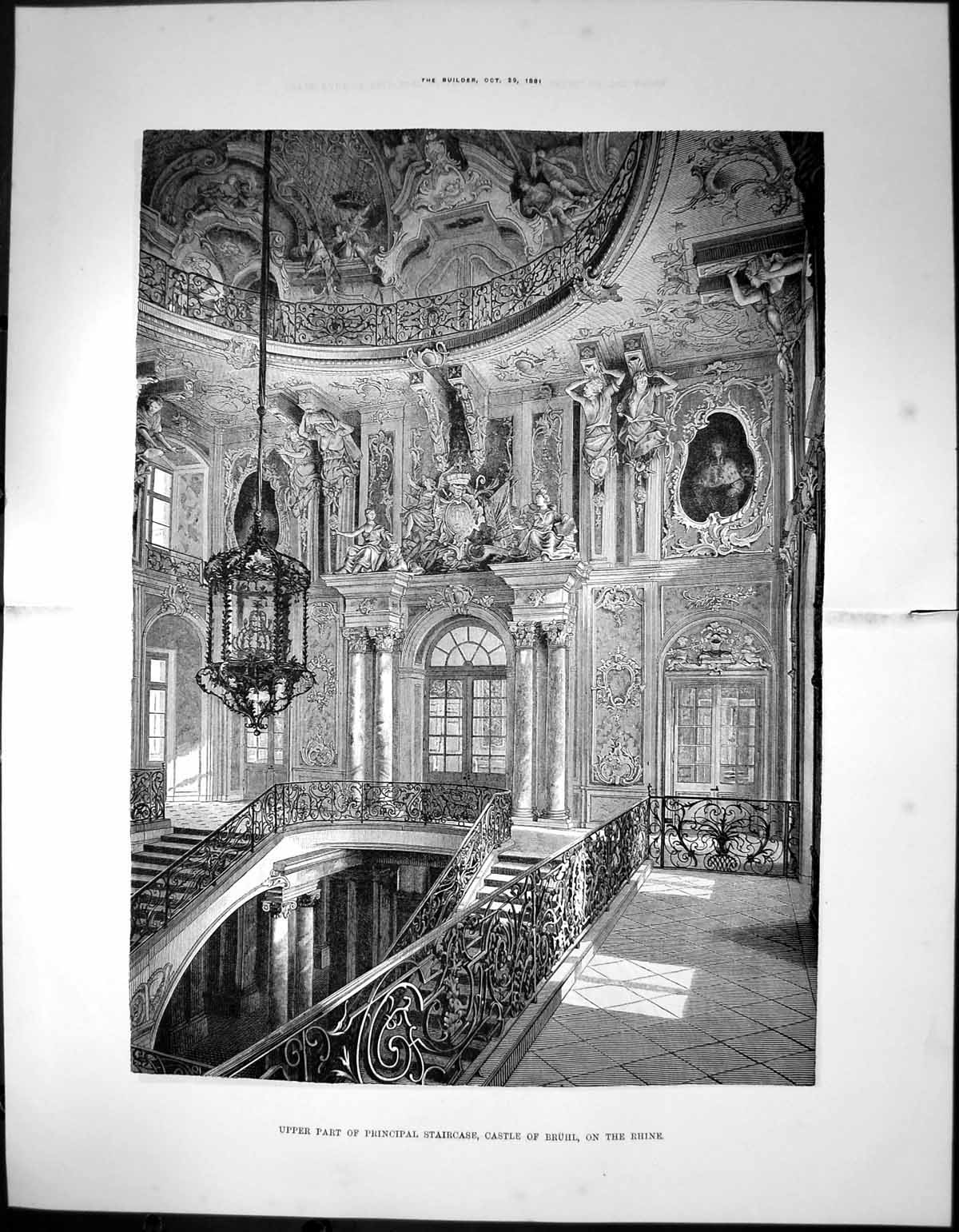 Old Antique Print Upper Part Principal Staircase Castle Bruhl Rhine 1881 19th