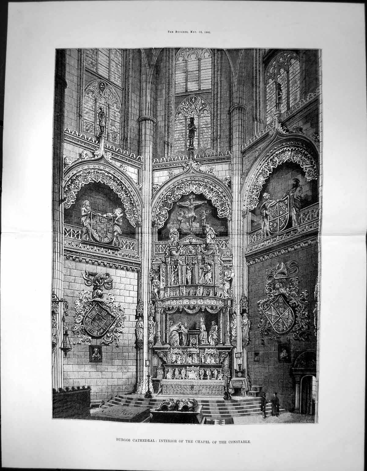 Original Old Antique Print Burgos Cathedral Interior Chapel Constable 1881