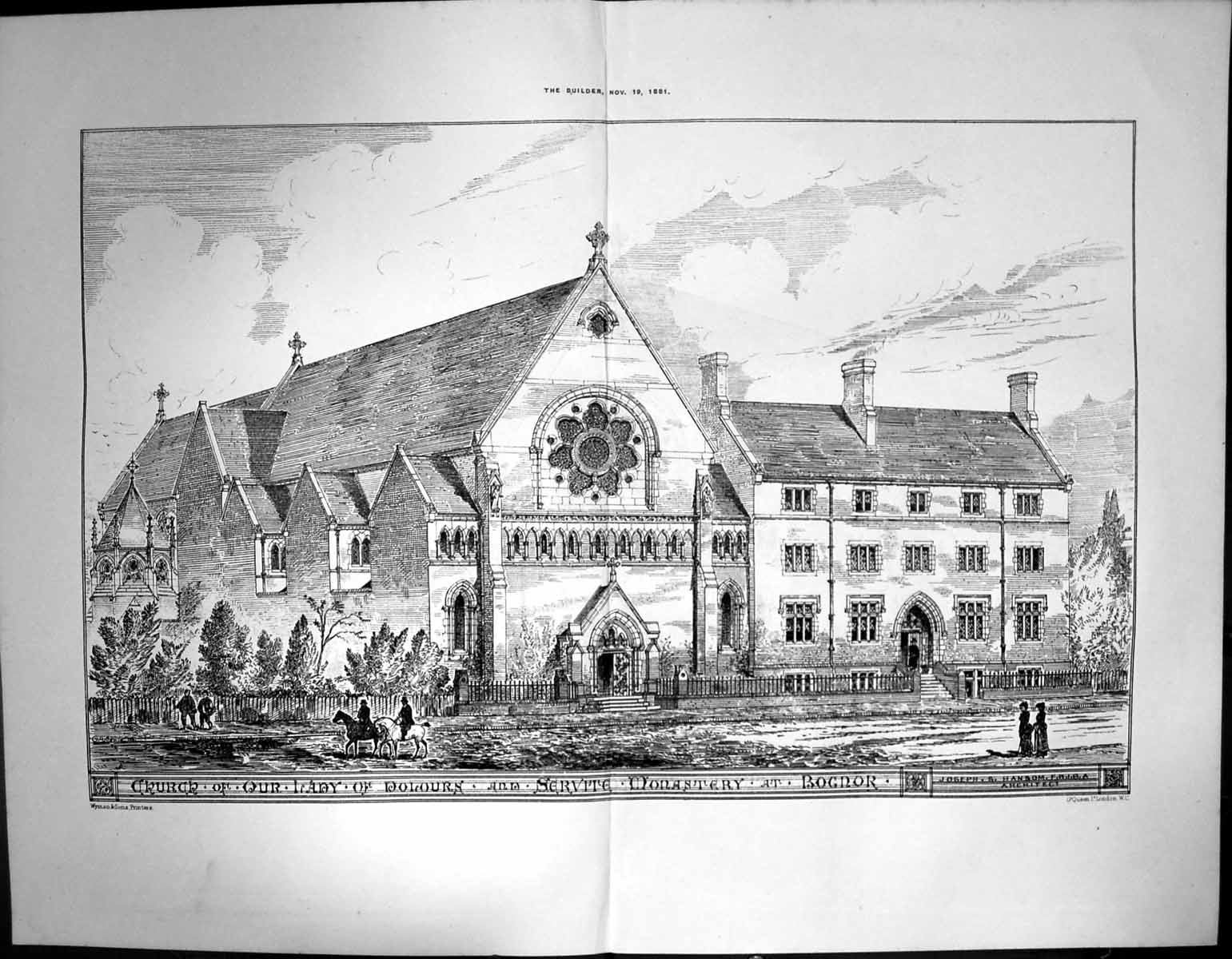 Old Print Church Our Lady Dolours Servite Monastery Bognor J Hansom 1881 19th