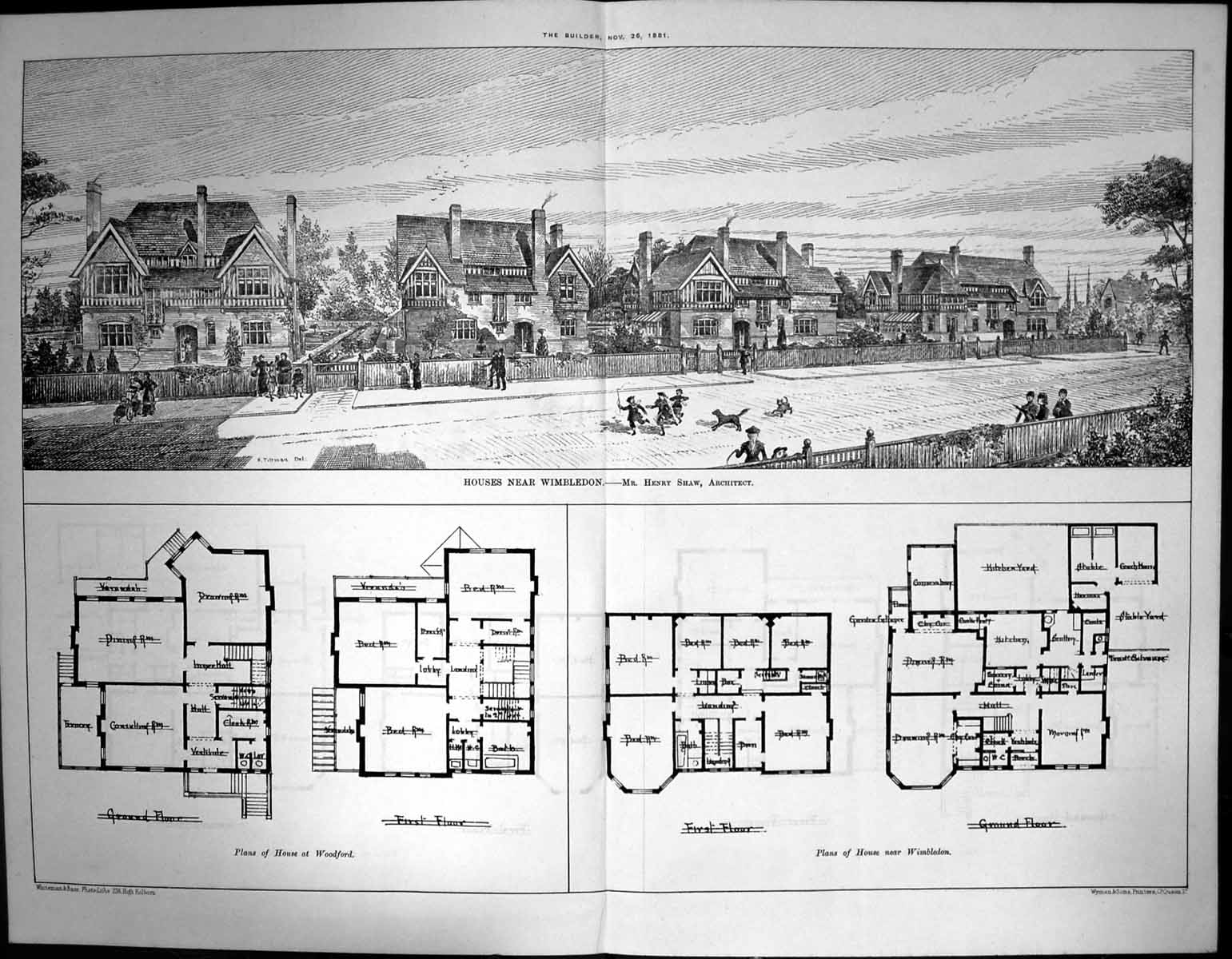 Antique Old Print Houses Wimbledon H Shaw Arch Plans Houses Woodford 1881 19th
