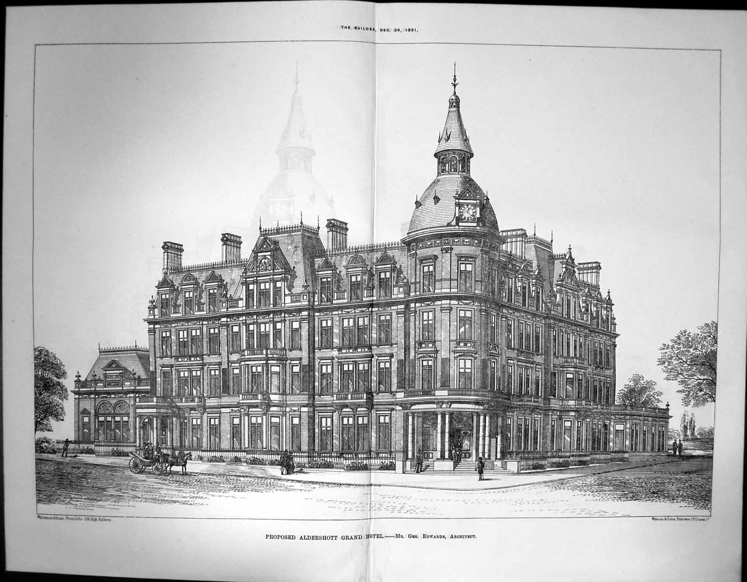 Old Print Proposed Aldershott Grand Hotel George Edwards Architect 1881 19th