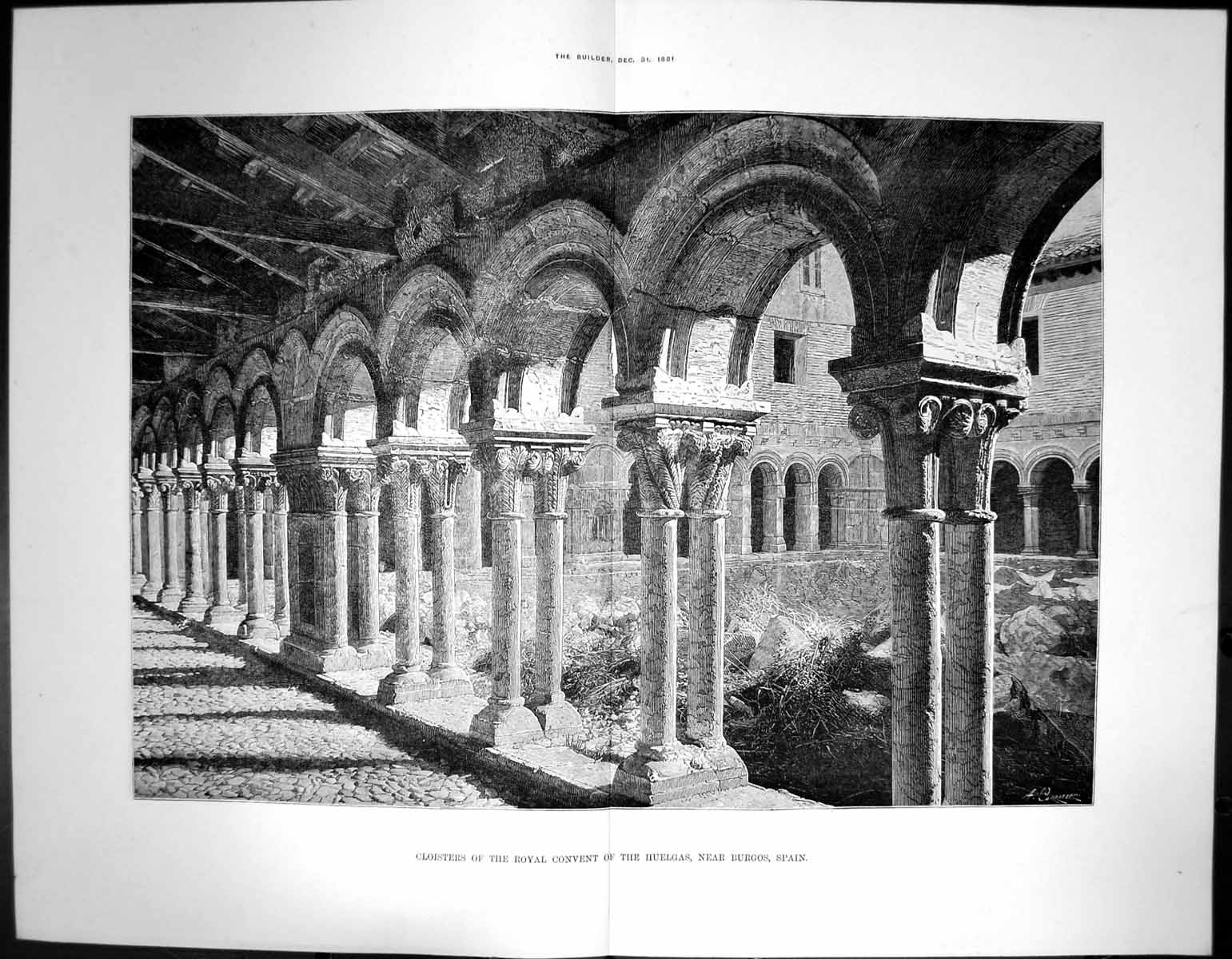 Original Old Antique Print Cloisters Royal Convent Huelgas Burgos Spain 1881