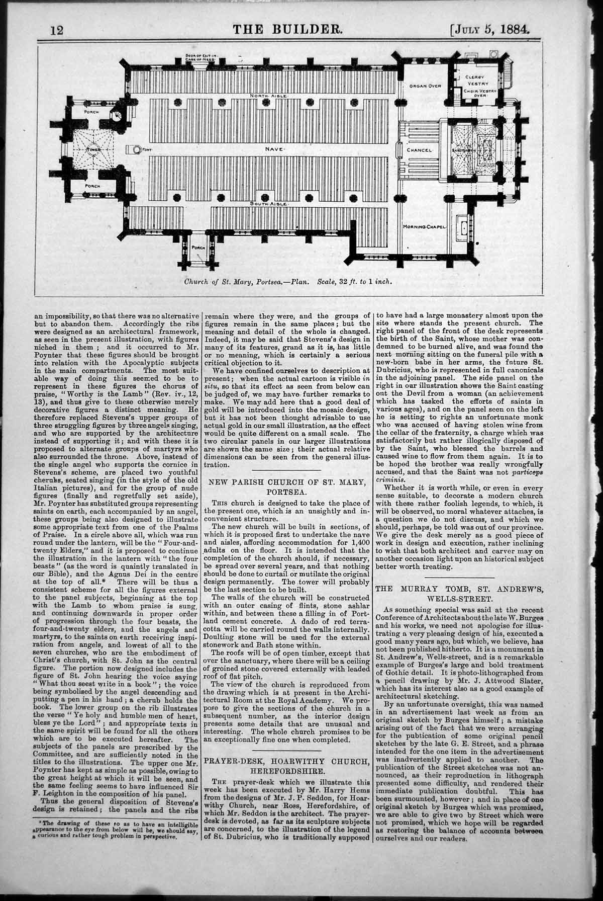 Antique Old Print Plan Church St Mary Portsea Chapel Chancel Vestry Nave 1884