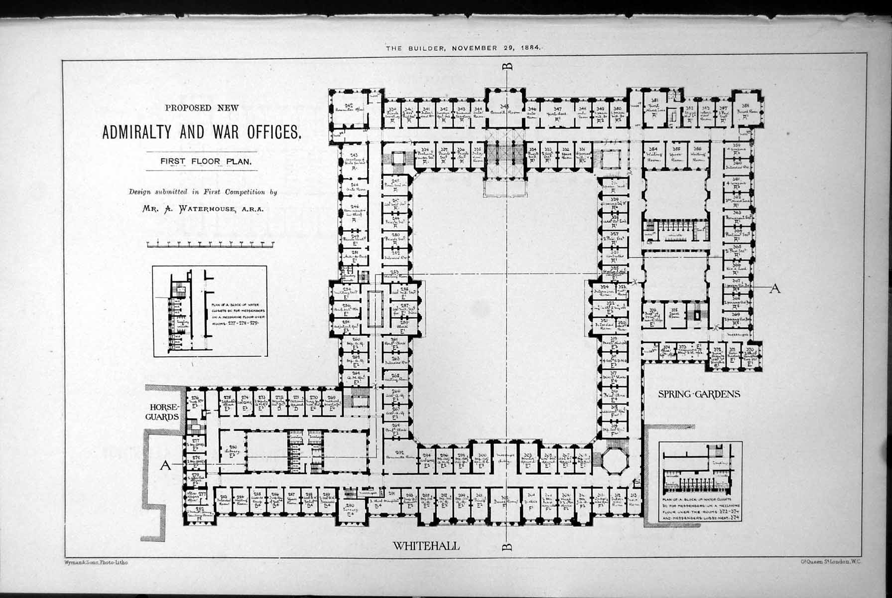 Old Design Admiralty War Offices First Floor Plan A Waterhouse 1884Victorian