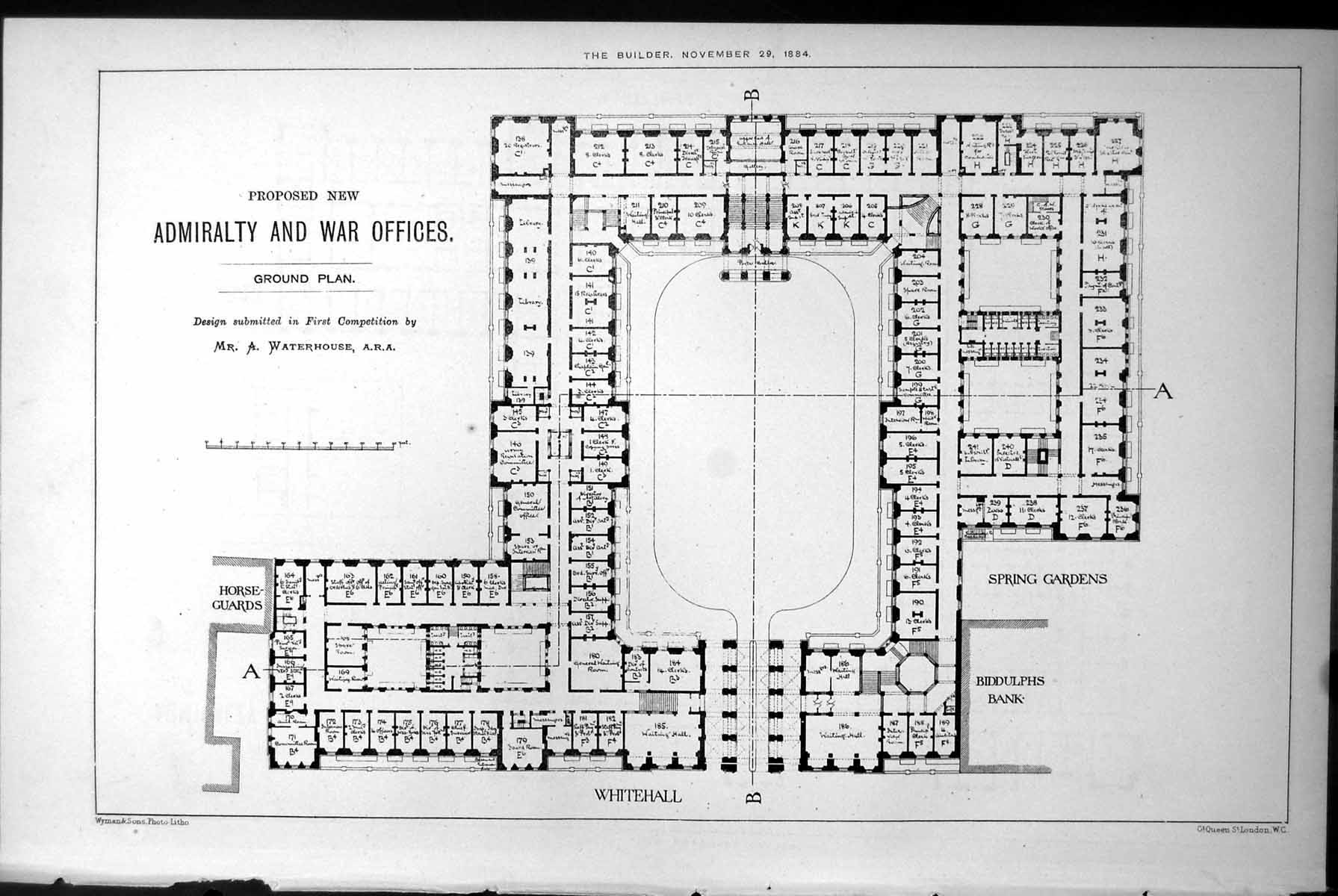 Antique Old Print Design Admiralty War Offices Ground Plan A Waterhouse 1884