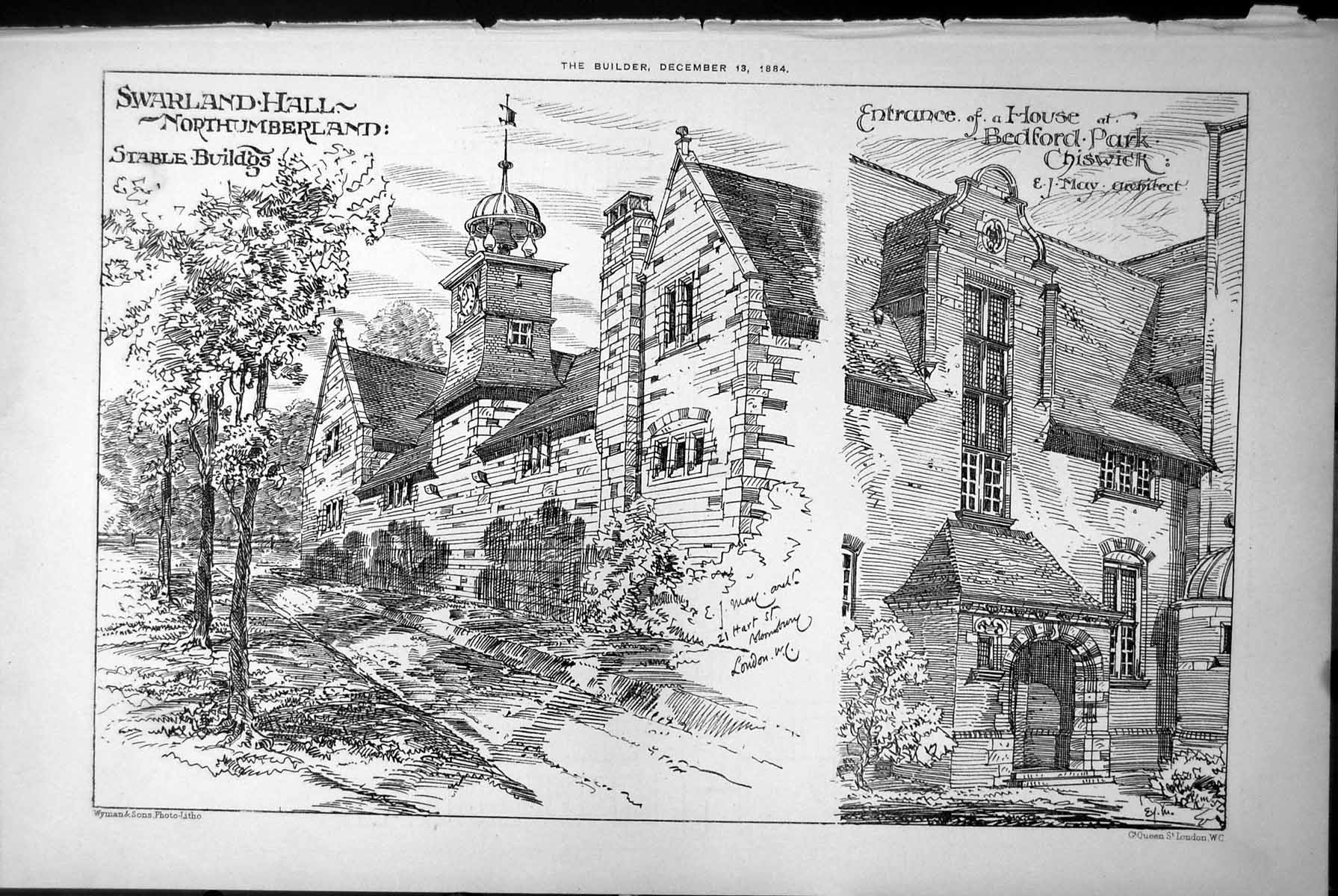 Old Print Swarland Hall Northumberland House Bedford Park Chiswick 1884 19th