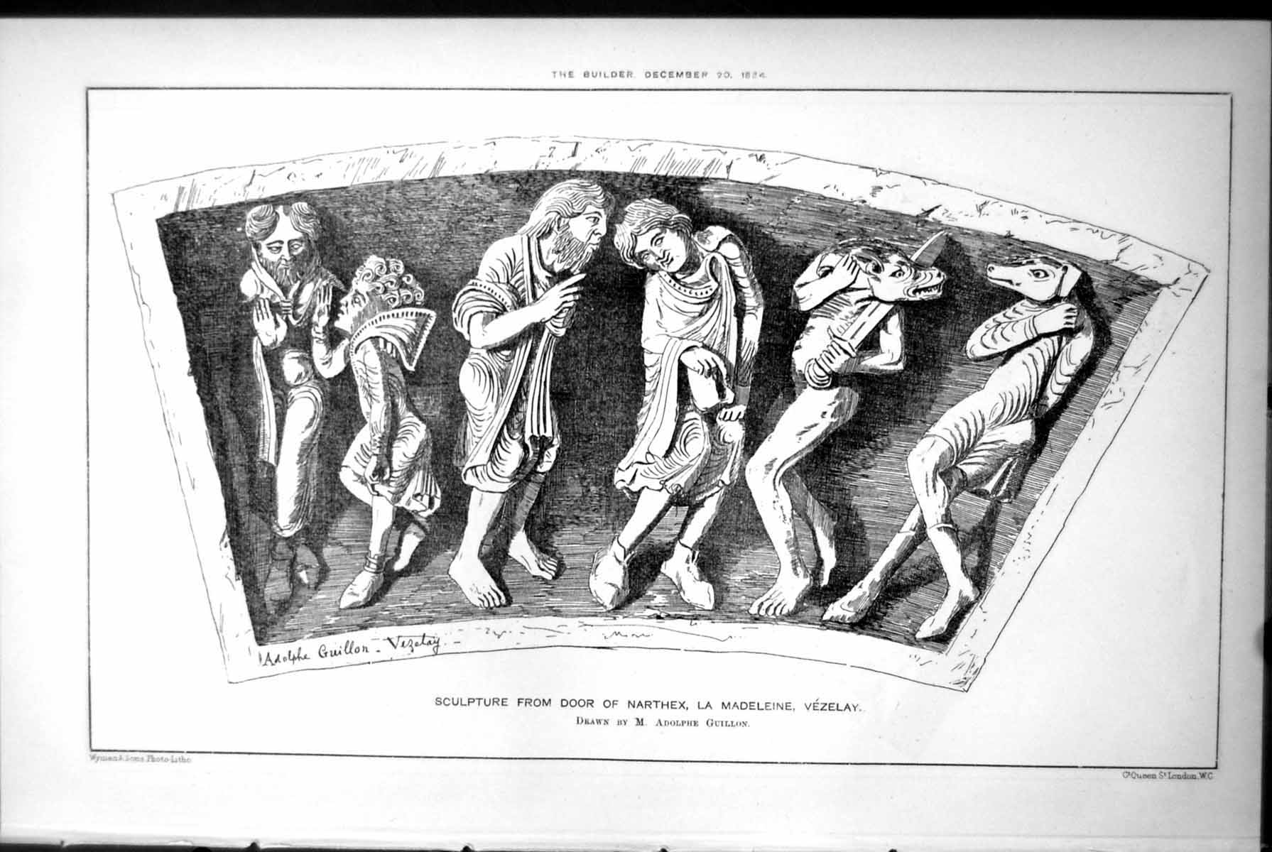 Old Print Sculpture Narthex La Madeleine Vezelay Men Animal Heads Guillon 1884
