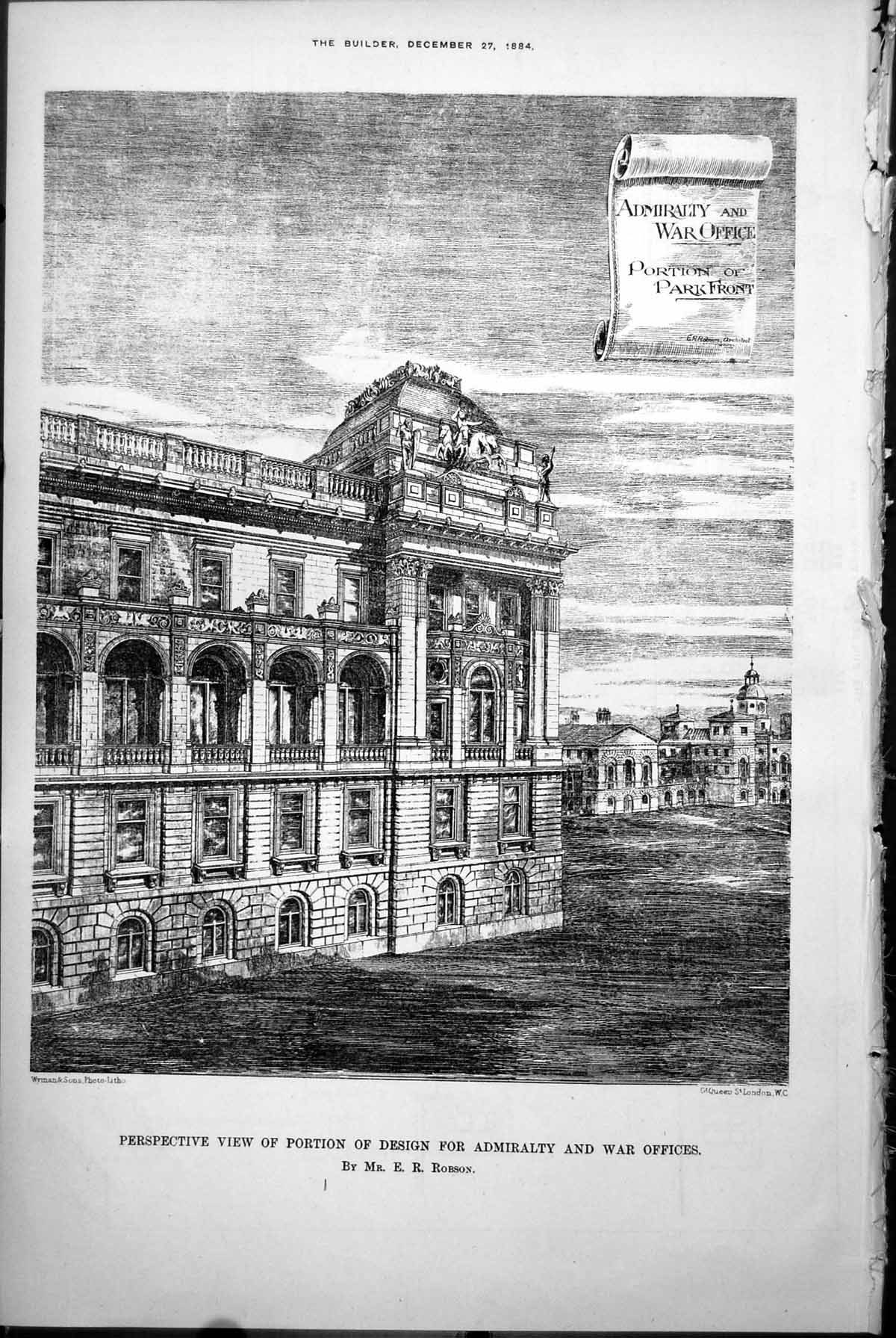 Old Perspective View Portion Design Admiralty War Offices E Robson 1884 19th