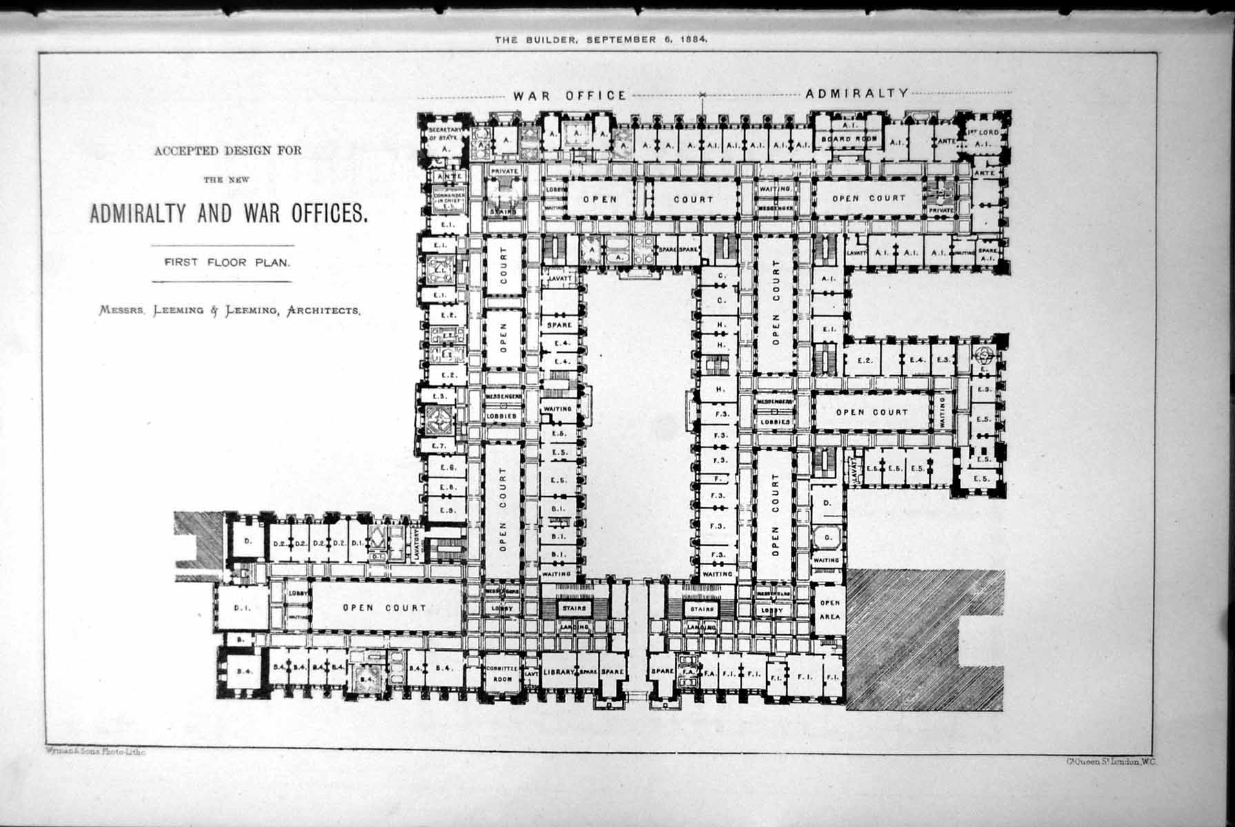 Old Print Accepted Design Admiralty War Offices Floor Plan Leeming Leeming1884