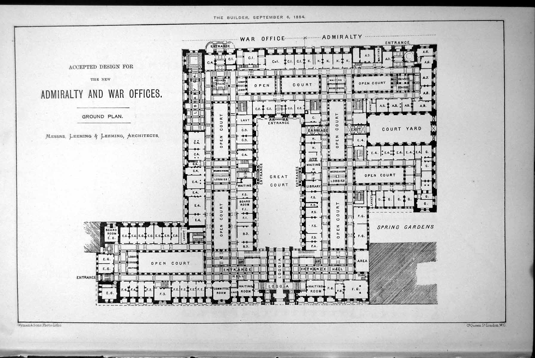 Old Accepted Design Admiralty War Offices Ground Plan Leeming Arch 1884 19th