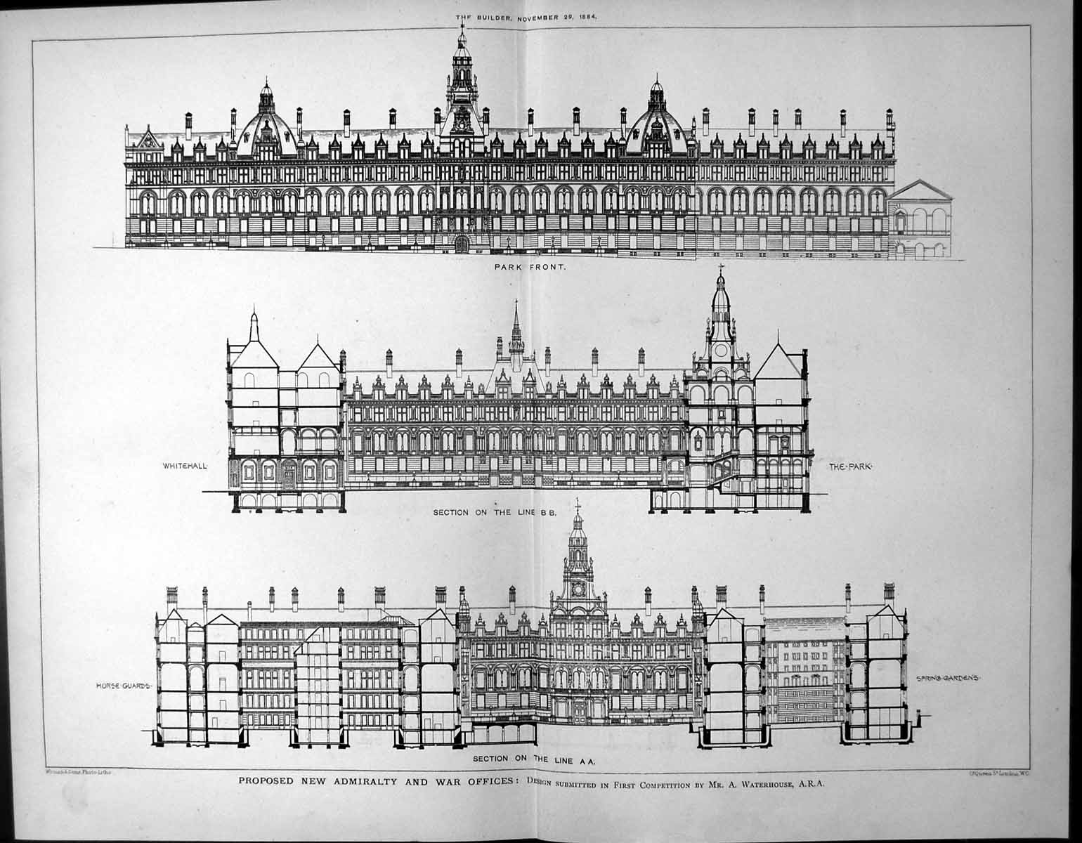 Antique Print Proposed Admiralty War Offices A Waterhouse Park Front 1884 11