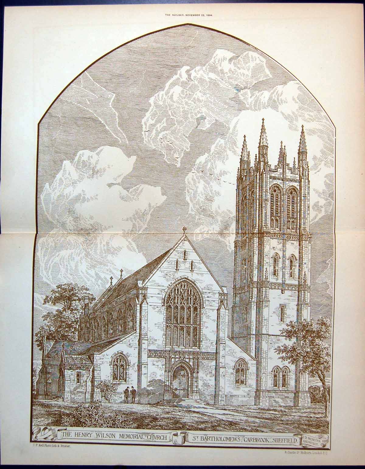Antique Print Henry Wilson Memorial Church St Bartholomews Carbrook 1884 11 19th
