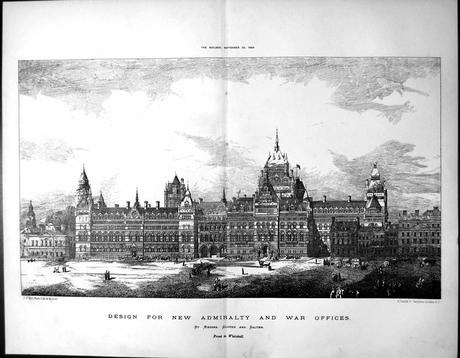 Old Design Admiralty War Offices Front Whitehall Glover & Salter 1884 11 19th