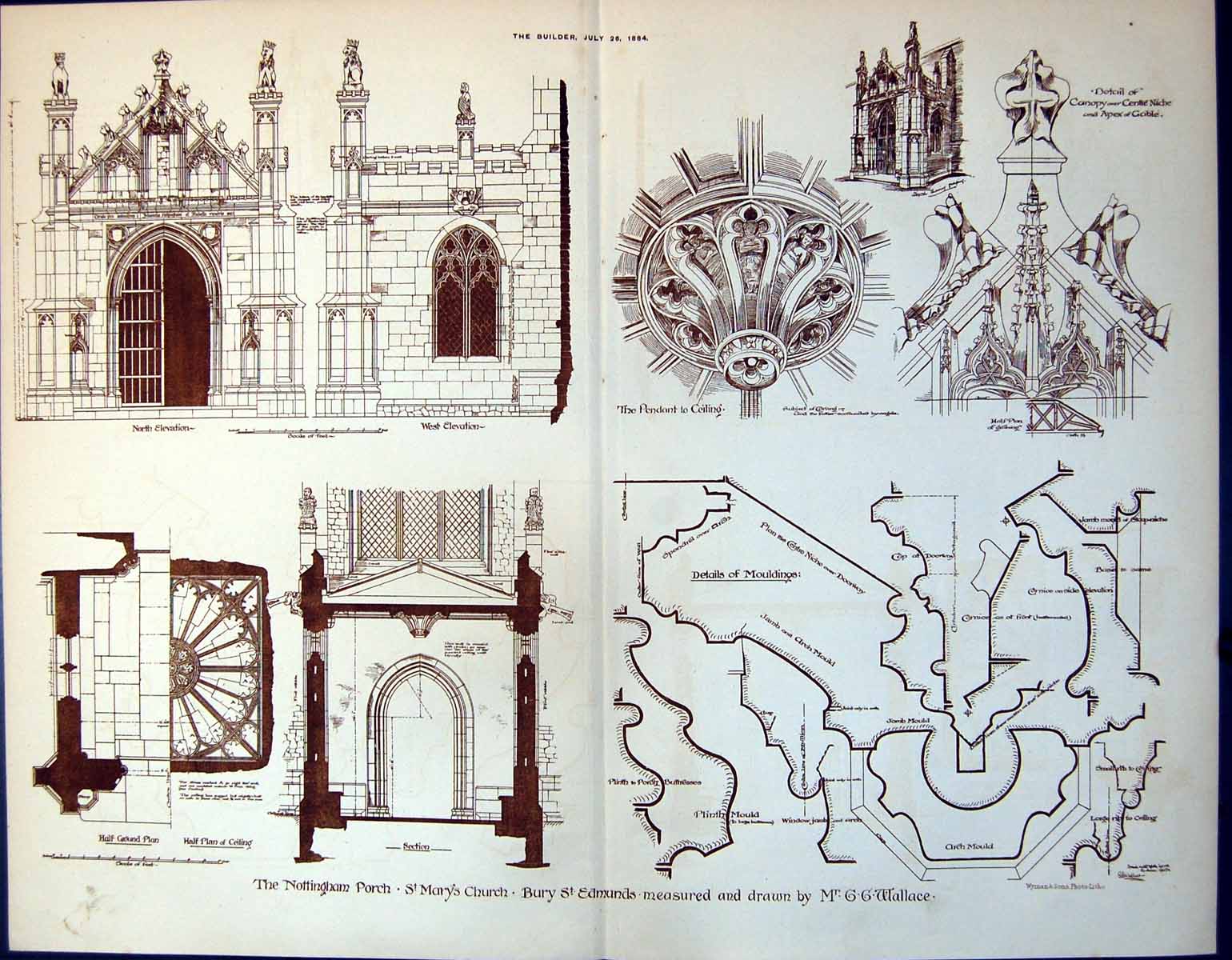 Antique Print Plan Nottingham Porch St Marys Church Bury St Edmunds 1884 11 19th