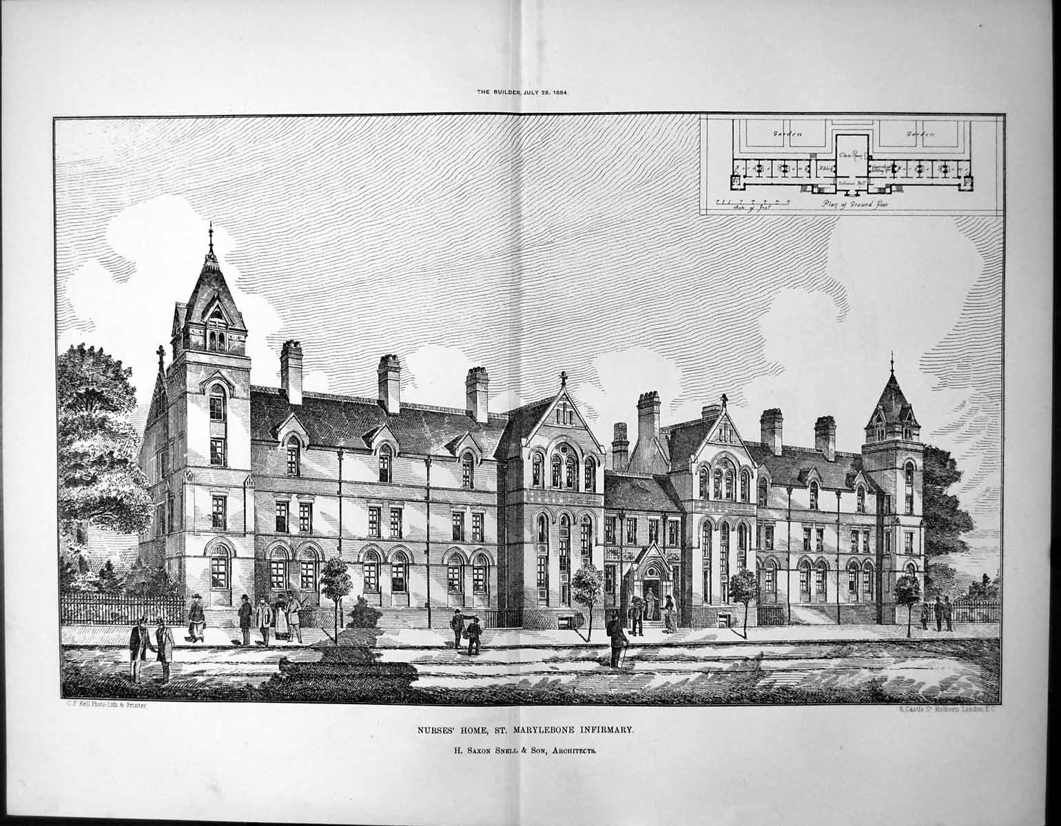 Old Plan Exterior Nurses Home St Marylebone Infirmary Saxon Snell 1884 11 19th