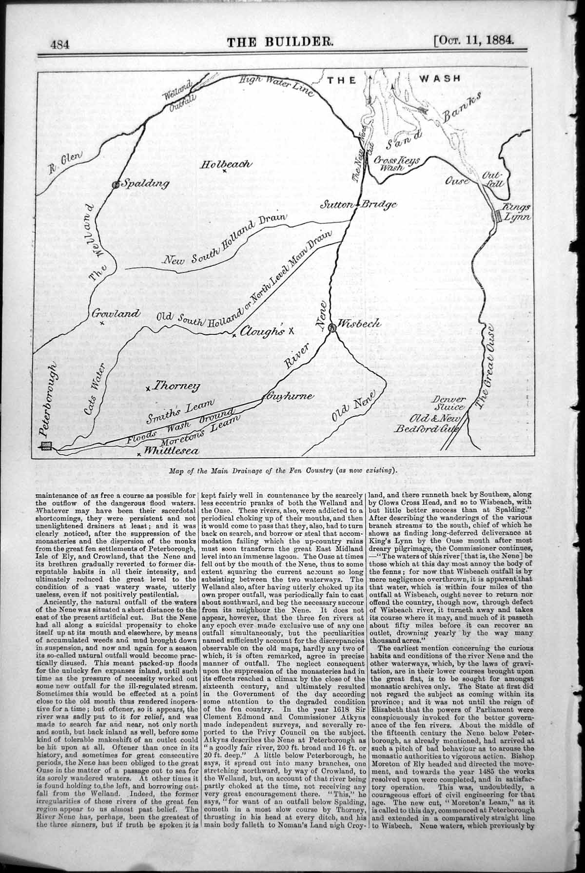 Antique Old Print Map Main Drainage Fen Country New South Holland Drain 1884