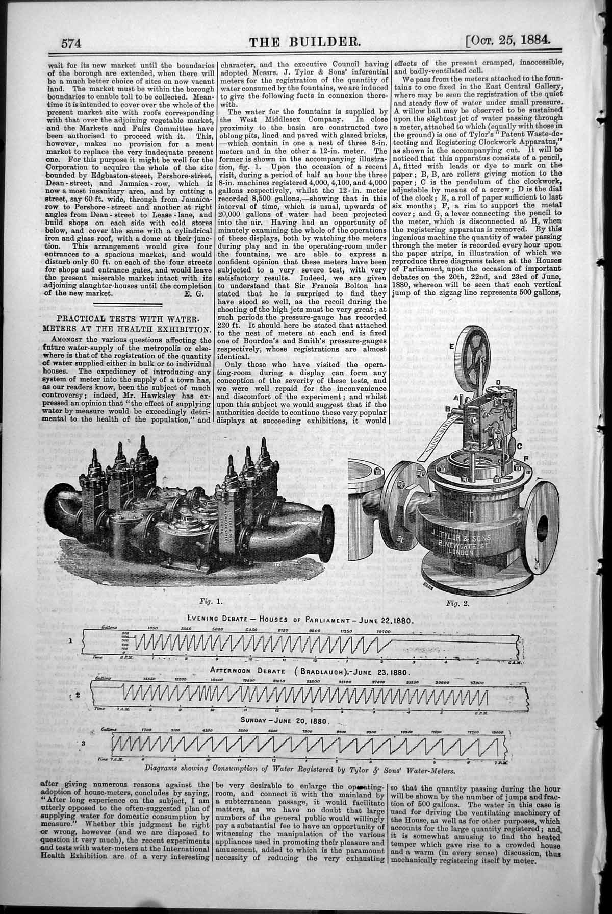 Antique Old Print Diagrams Showing Consumption Water Tyler Water Maters 1884