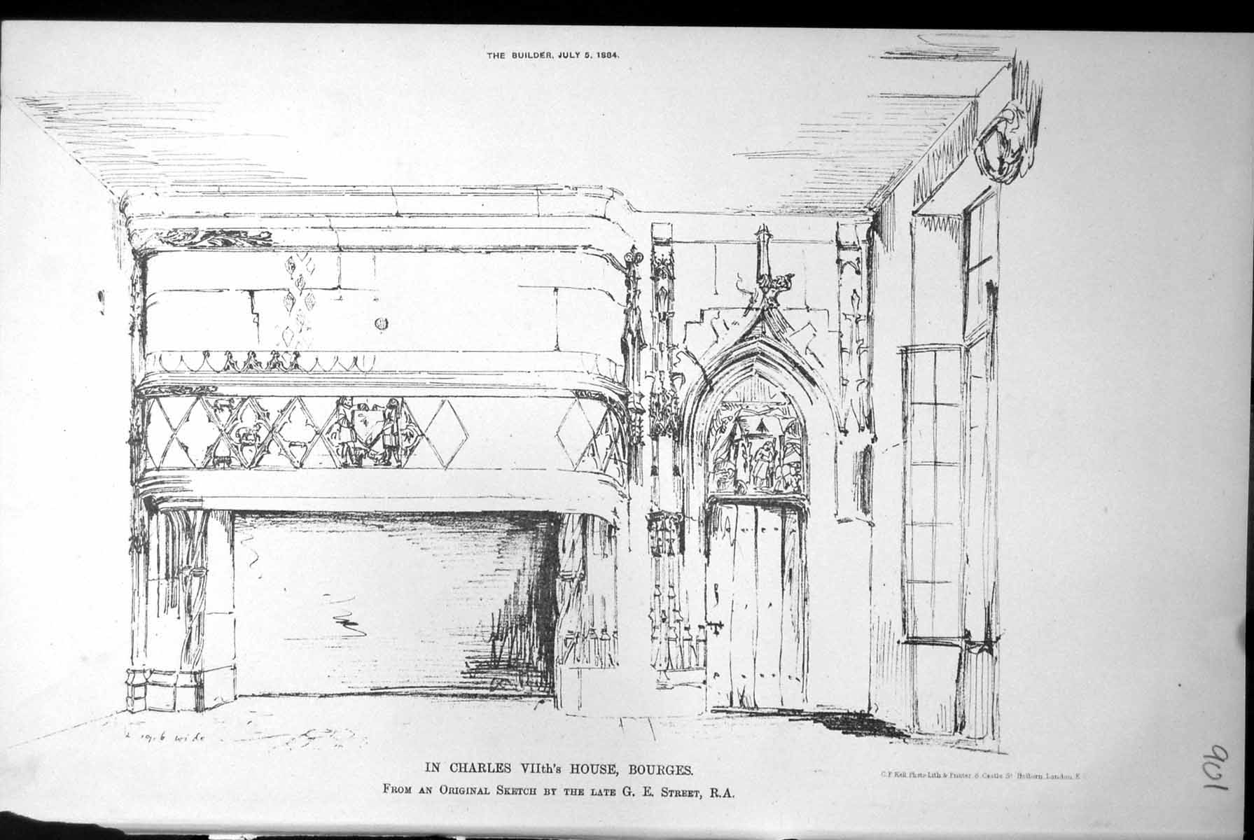 Antique Old Print Charles V11Ths House Bourges G E Street Arched Doorway 1884