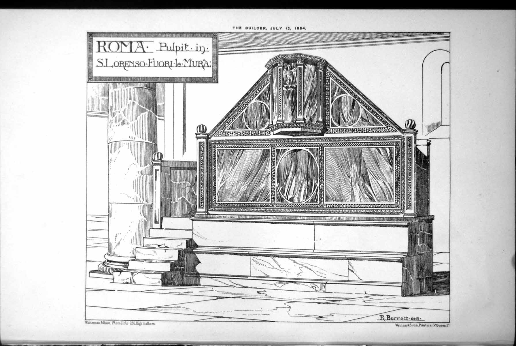 Original Old Antique Print Roma Pulpit S Lorenso Fuori Le Mura R Barratt 1884