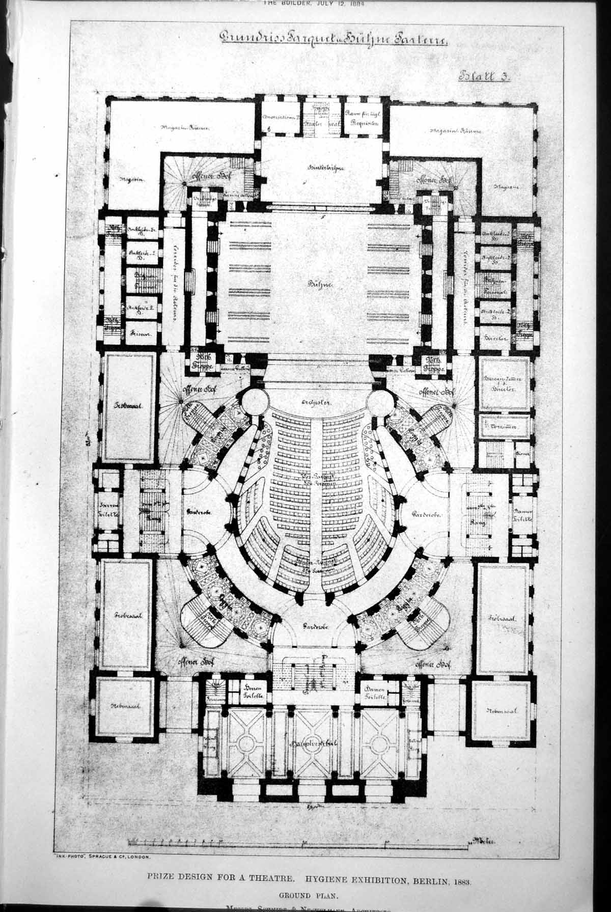 Old Print Prize Design Theatre Hygiene Exhibition Berlin Ground Plan 1884 19th