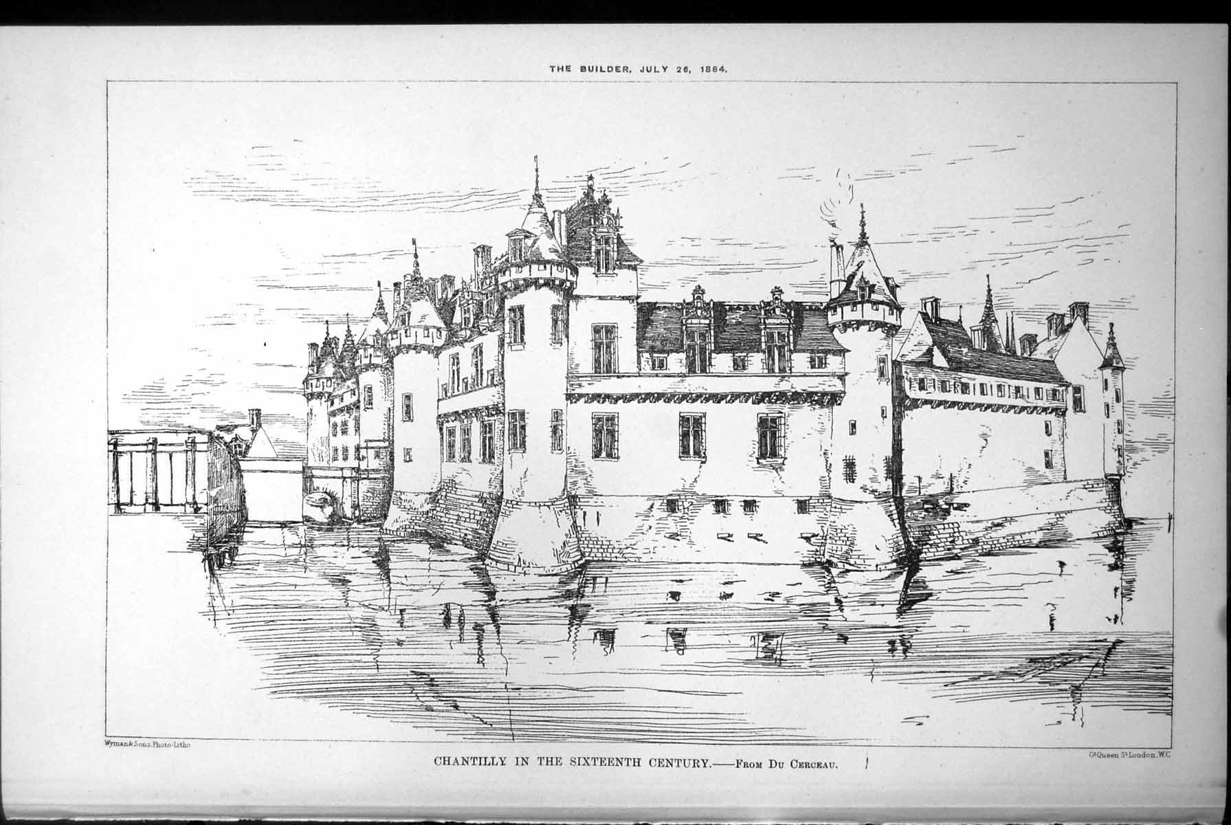Original Old Antique Print Chantilly Du Cerceau Sixteenth Century Chateau 1884