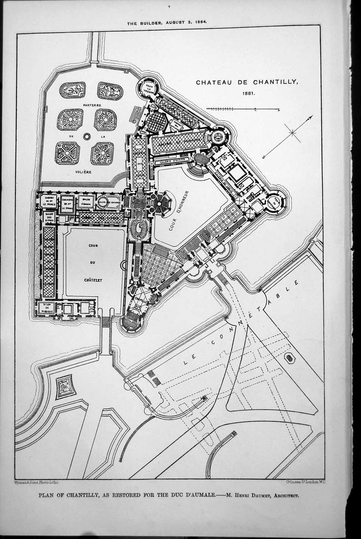 Old Plan Chateau De Chantilly Restored Duc D'Aumale Daumet Arch 1884 Victorian