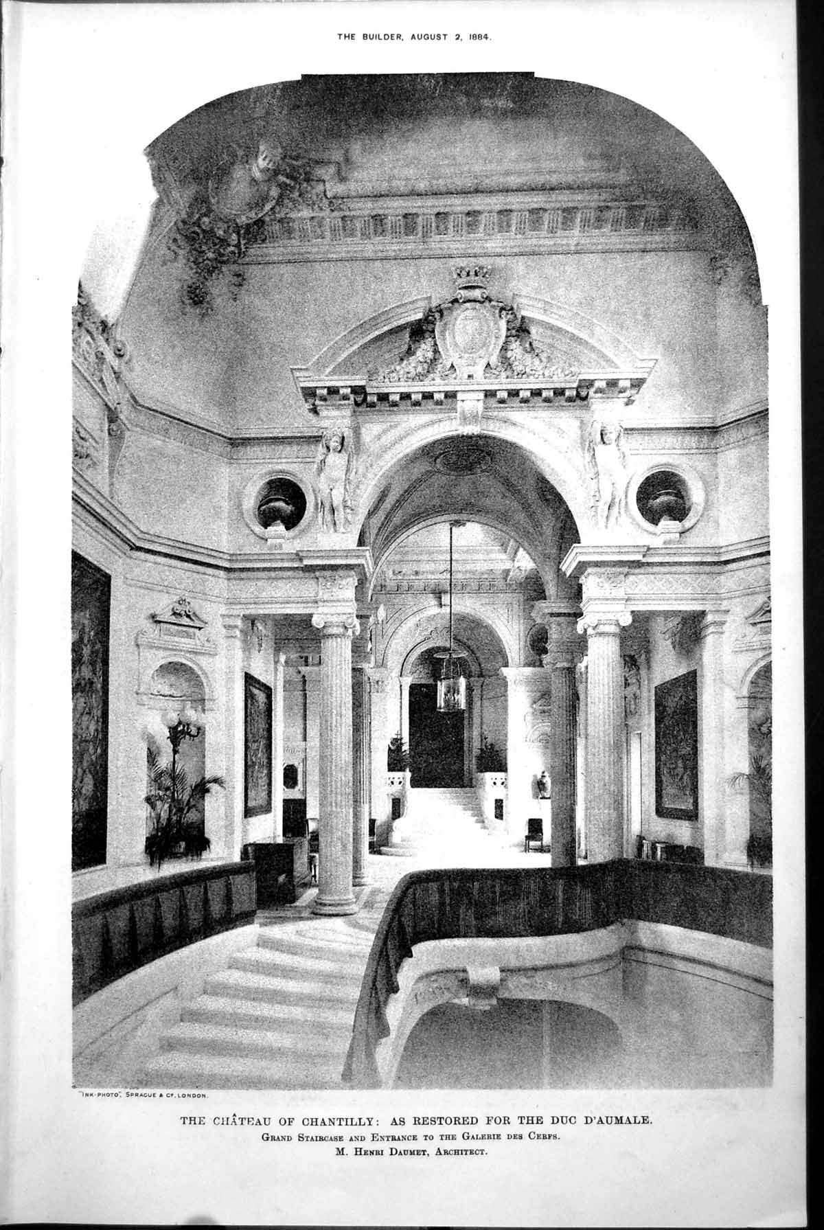 Old Print Chateau Chantilly Grand Staircase Galerie Des Cerfs Daumet 1884 19th
