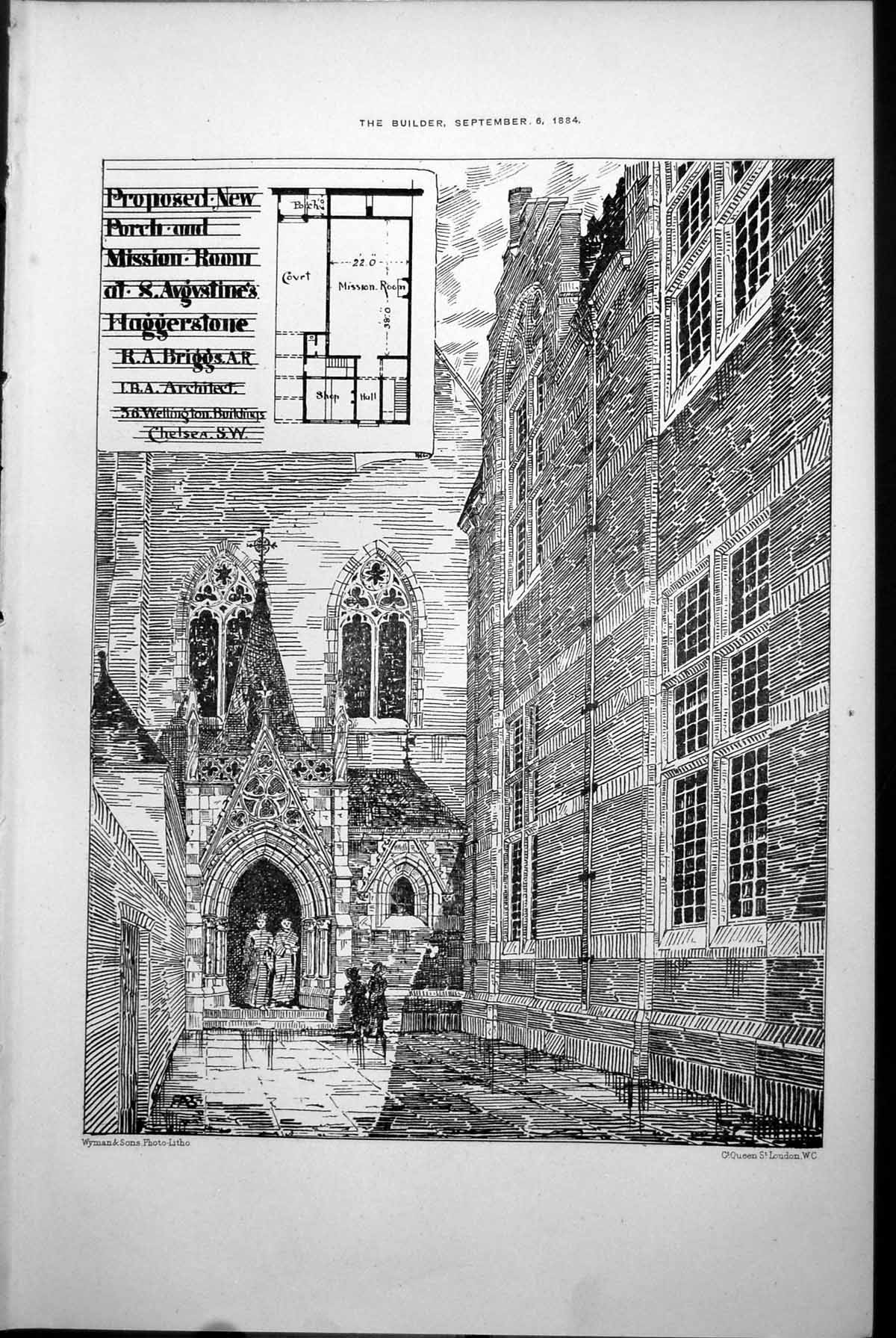 Old Print Proposed New Porch Mission Room St Augustines Haggerstone 1884 19th