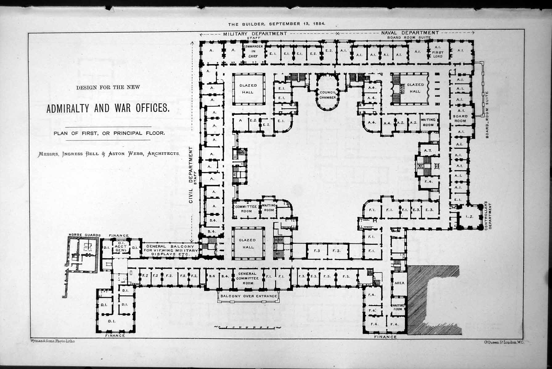 Old Plan First Floor Admiralty War Offices Bell & Webb Architects 1884 19th