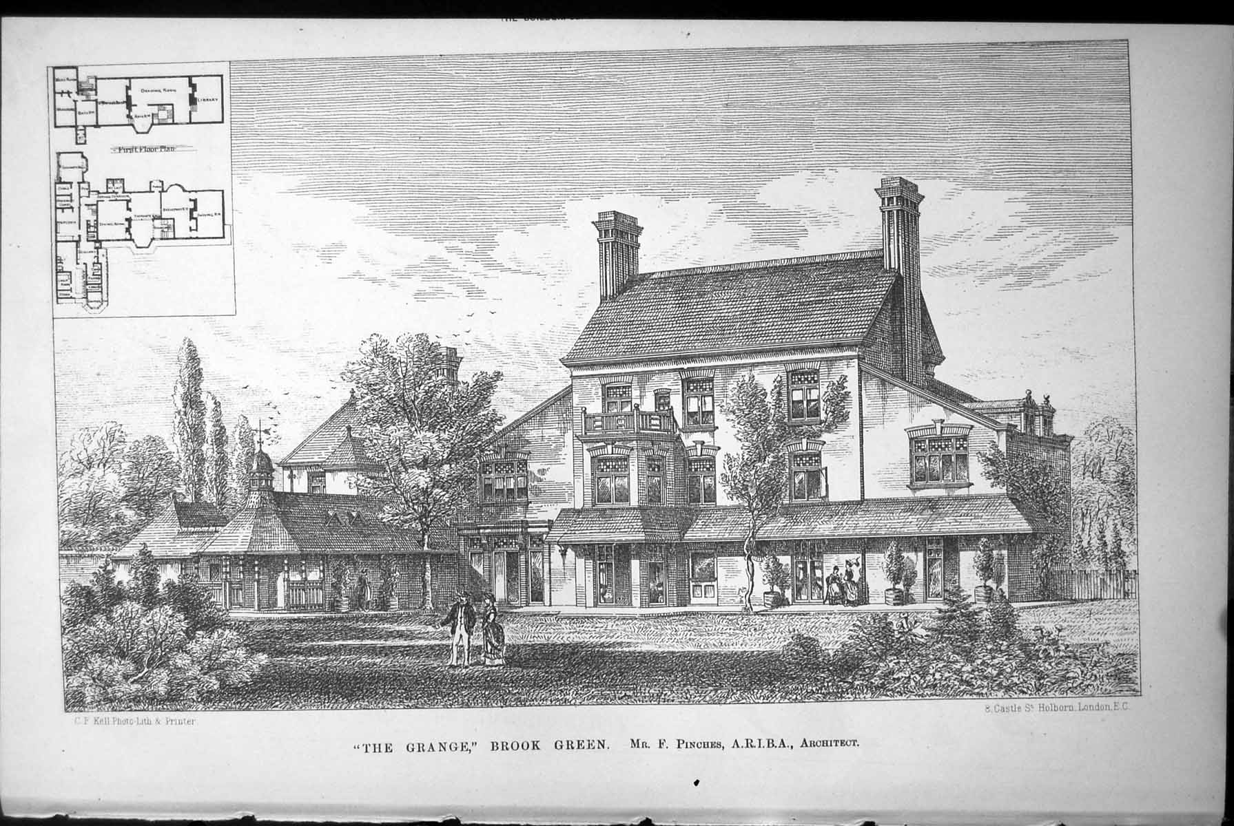 Antique Old Print Plans Exterior Grange Brook Green F Pinches Architect 1884
