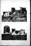 Original Old Antique Print Manorbere Castle Keep Pembroke Castle 1884 Victorian