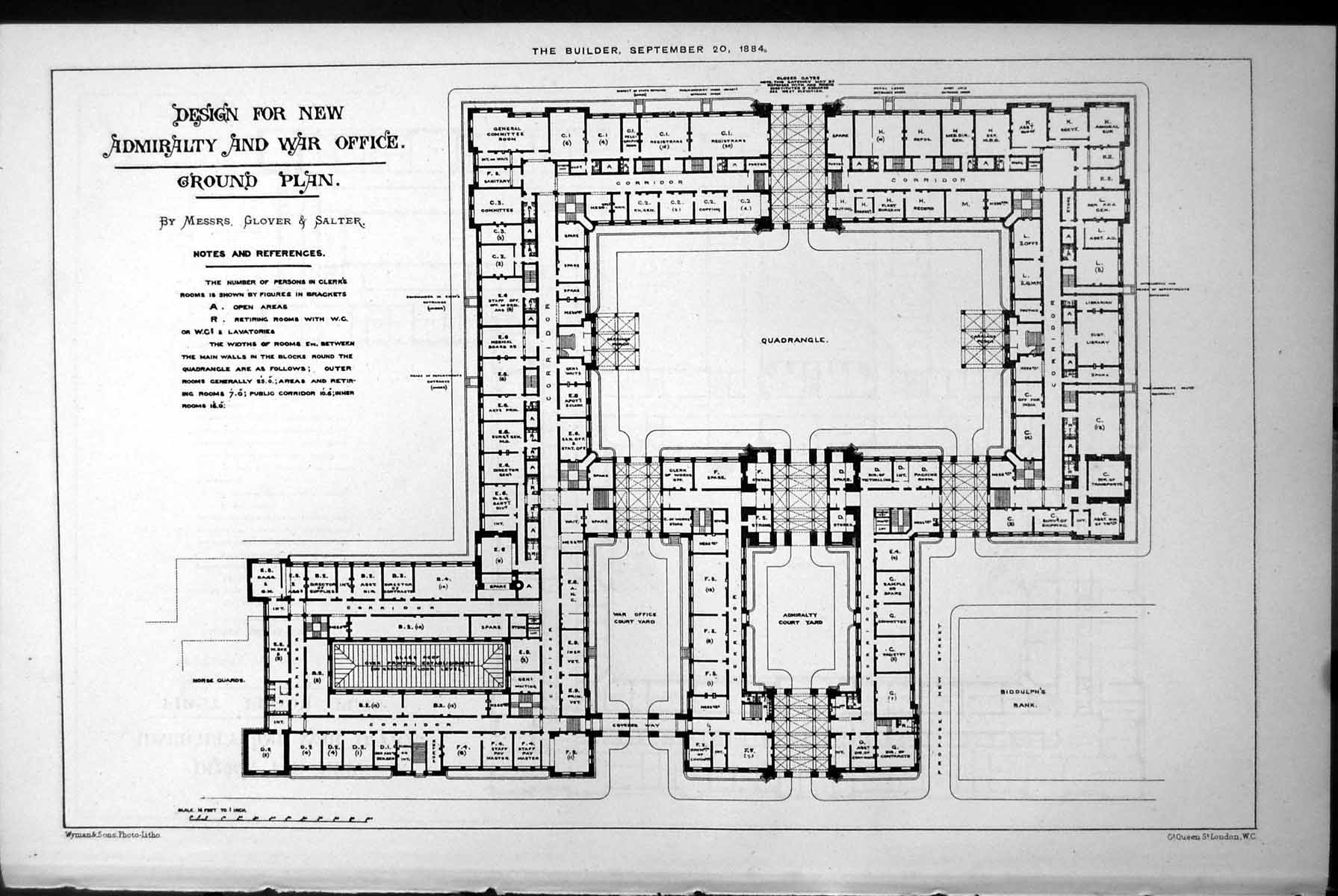 Old Design New Admiralty War Office Ground Plan Glover & Salter 1884 Victorian