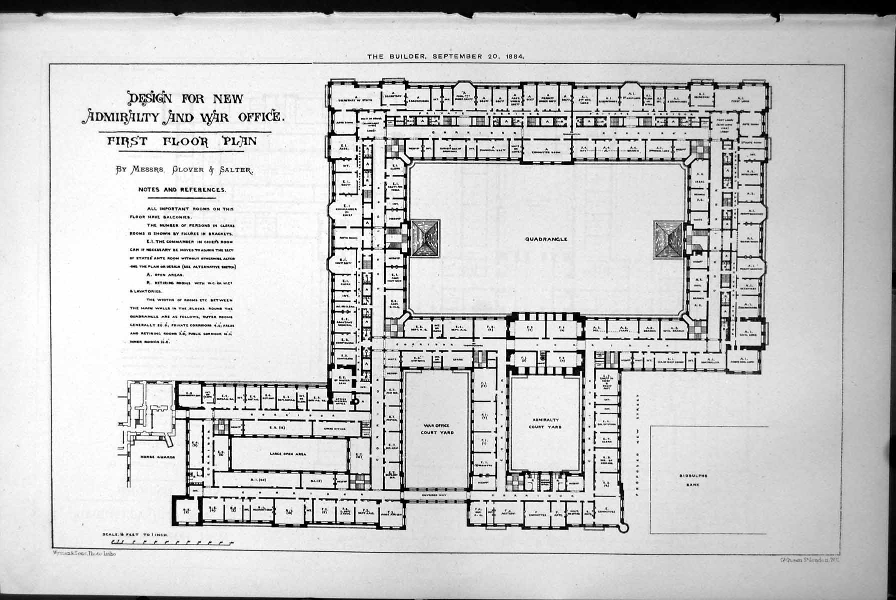 Old Design New Admiralty War Office First Floor Plan Glover & Salter1884 19th
