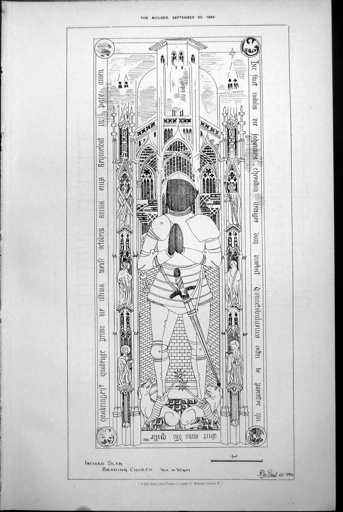 Antique Print Incised Slab Brading Church Isle Wight Man Armour R Paul 1884