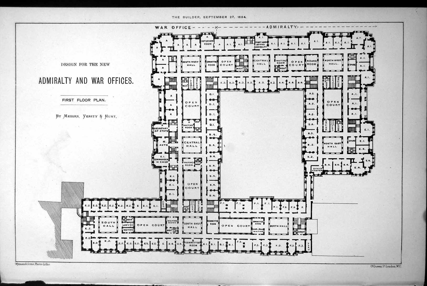 Old Design New Admiralty War Offices First Floor Plan Verity & Hunt 1884 19th