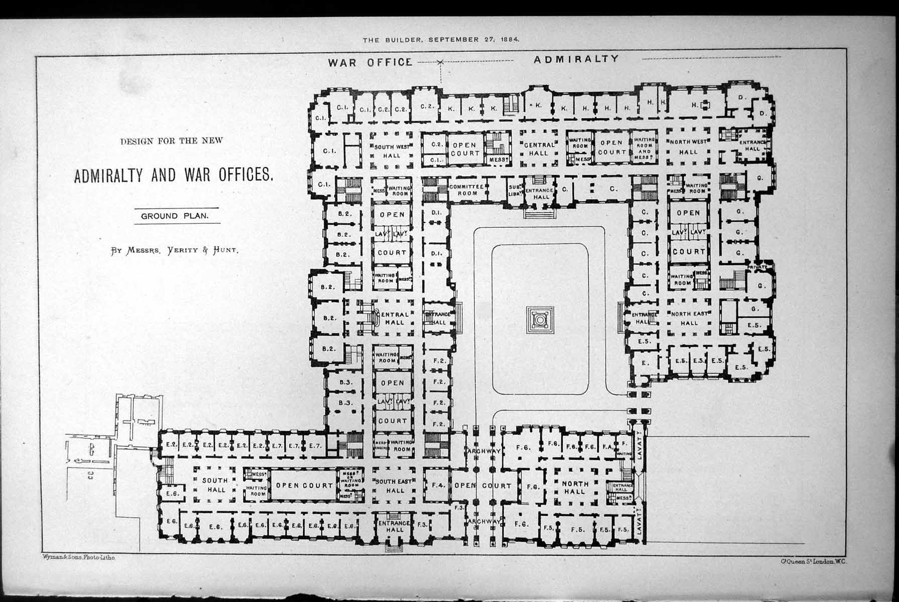Old Print Design New Admiralty War Offices Ground Plan Verity & Hunt 1884 19th