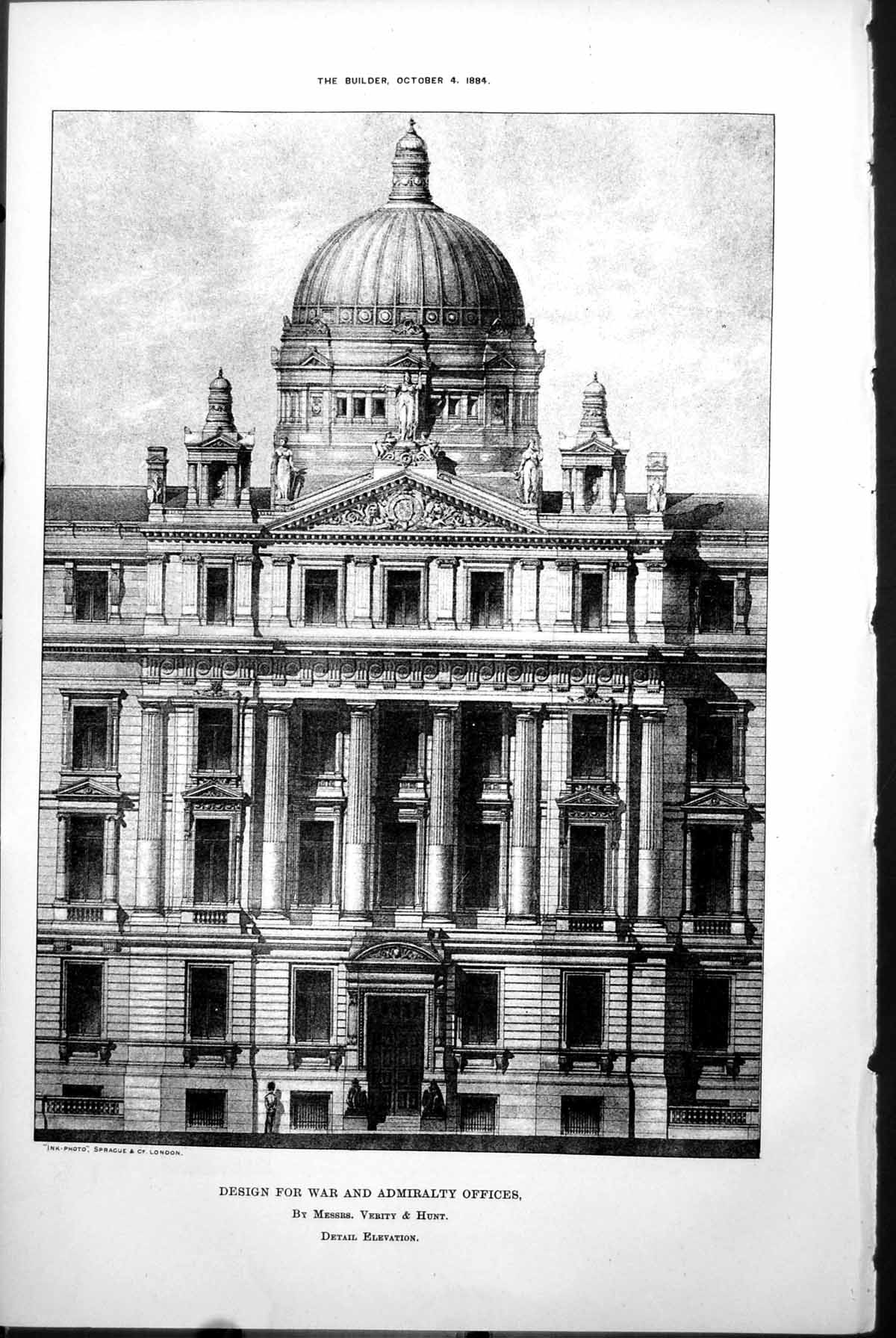 Old Design War Admiralty Offices Detail Elevation Verity & Hunt 1884 Victorian
