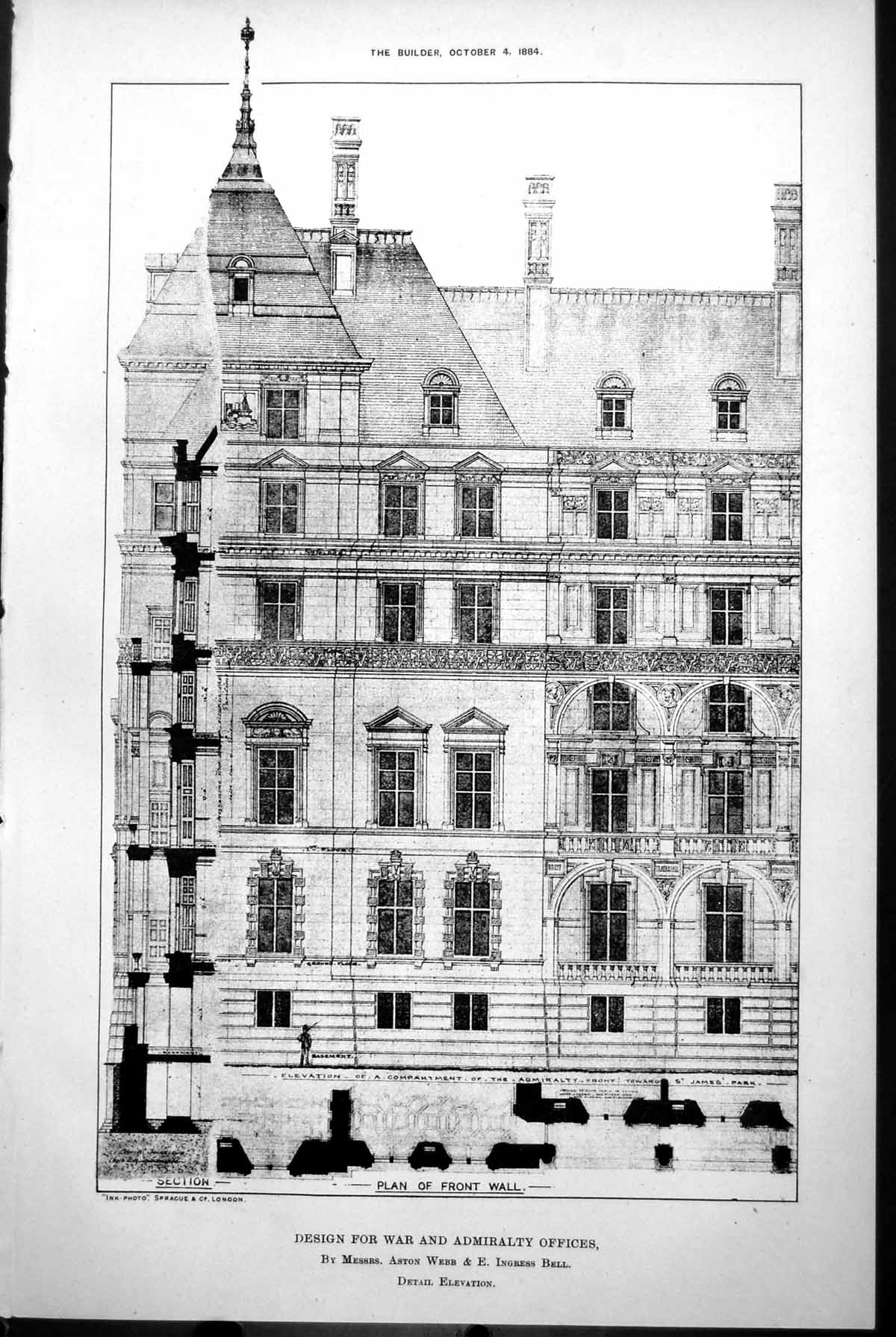 Old Design War Admiralty Offices Detail Elevation Aston Webb & Bell 1884 19th