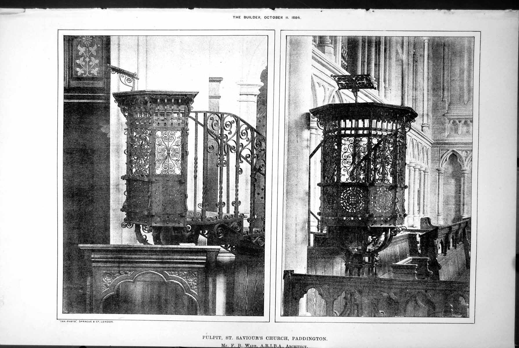 Antique Old Print Pulpit St Saviours Church Paddington F Wade Architect 1884