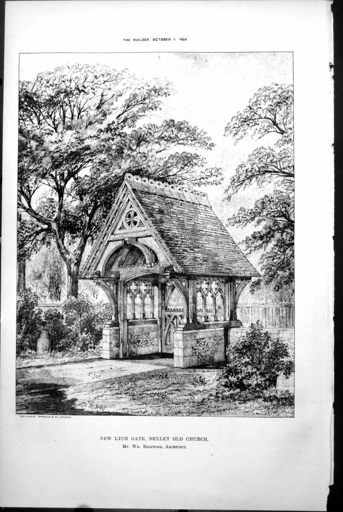 Old Antique Print New Lych Gate Bexley Church Wm Rickwood Architect 1884 19th