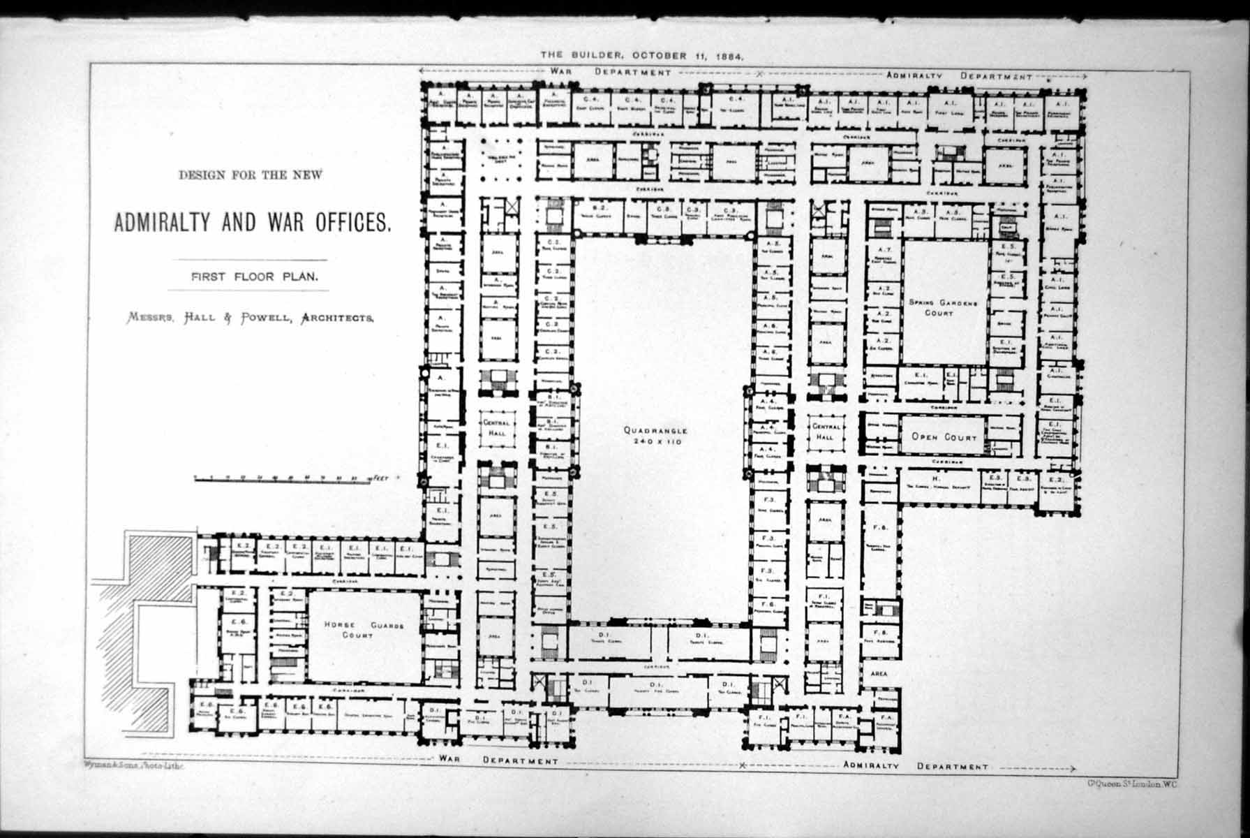 Old Print Design Admiralty War Offices First Floor Plan Hall & Powell Arch 1884