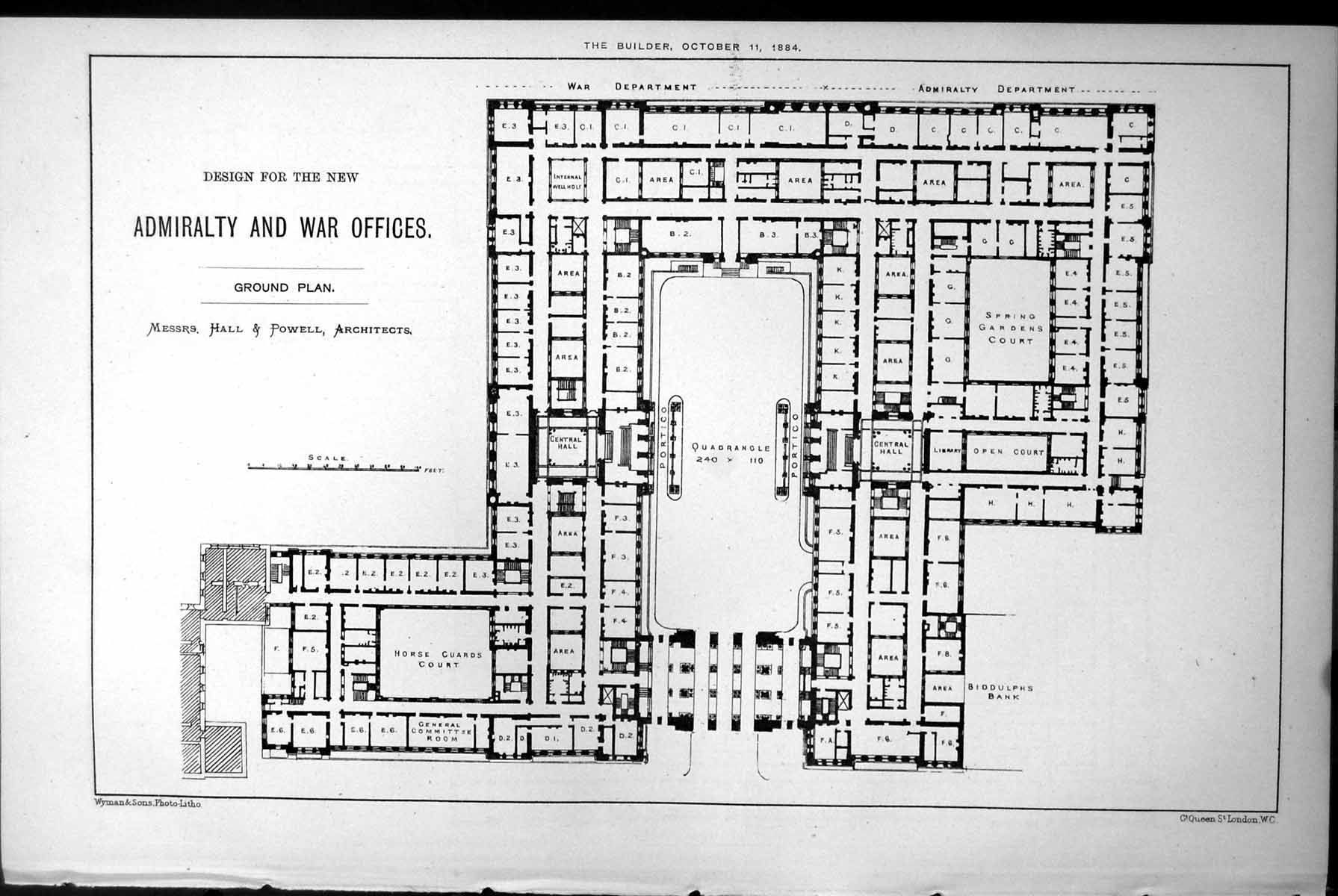 Old Design Admiralty War Offices Ground Plan Hall & Powell Arch 1884 Victorian