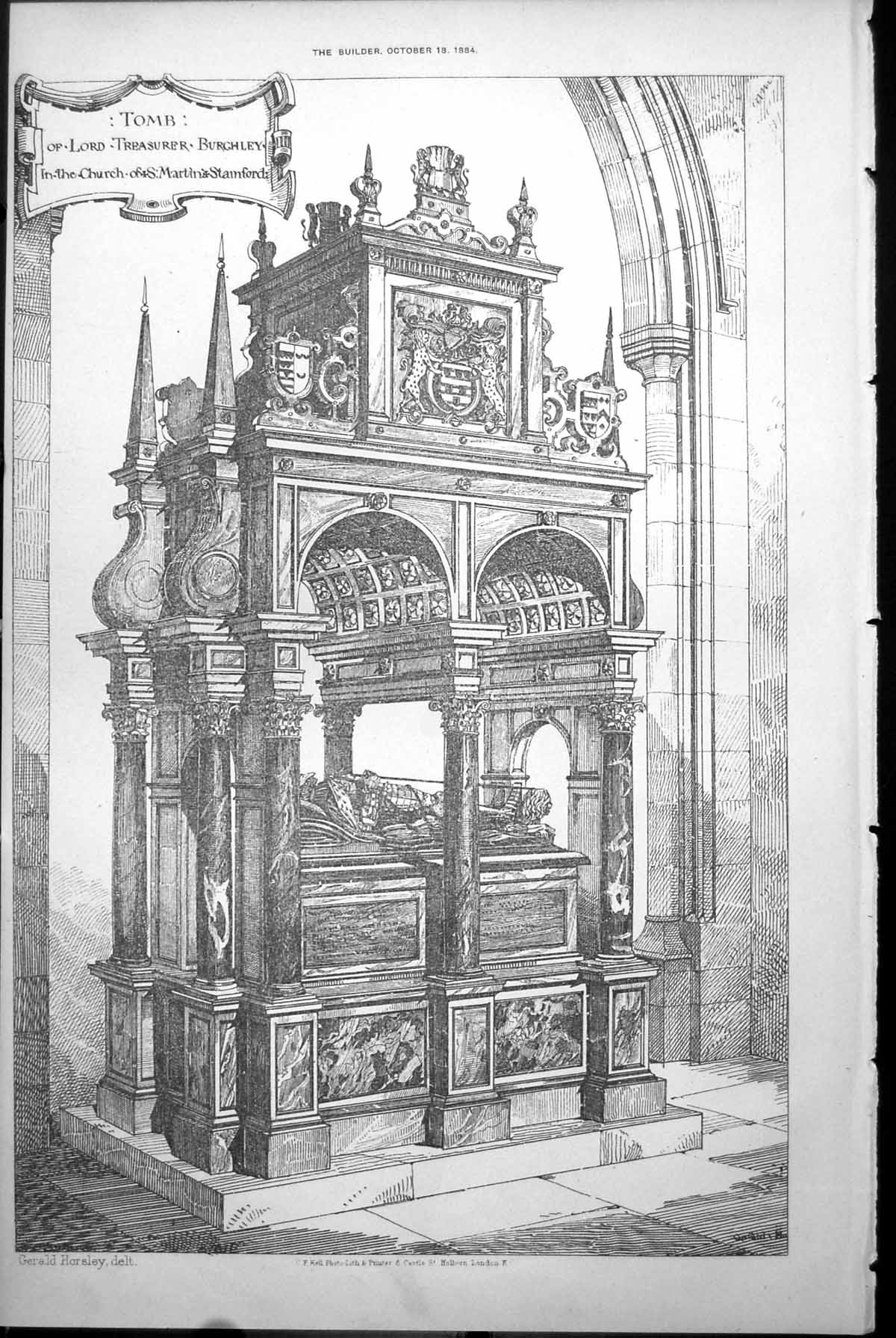 Antique Old Print Tomb Lord Treasurer Burghley Church St Martin Stamford 1884