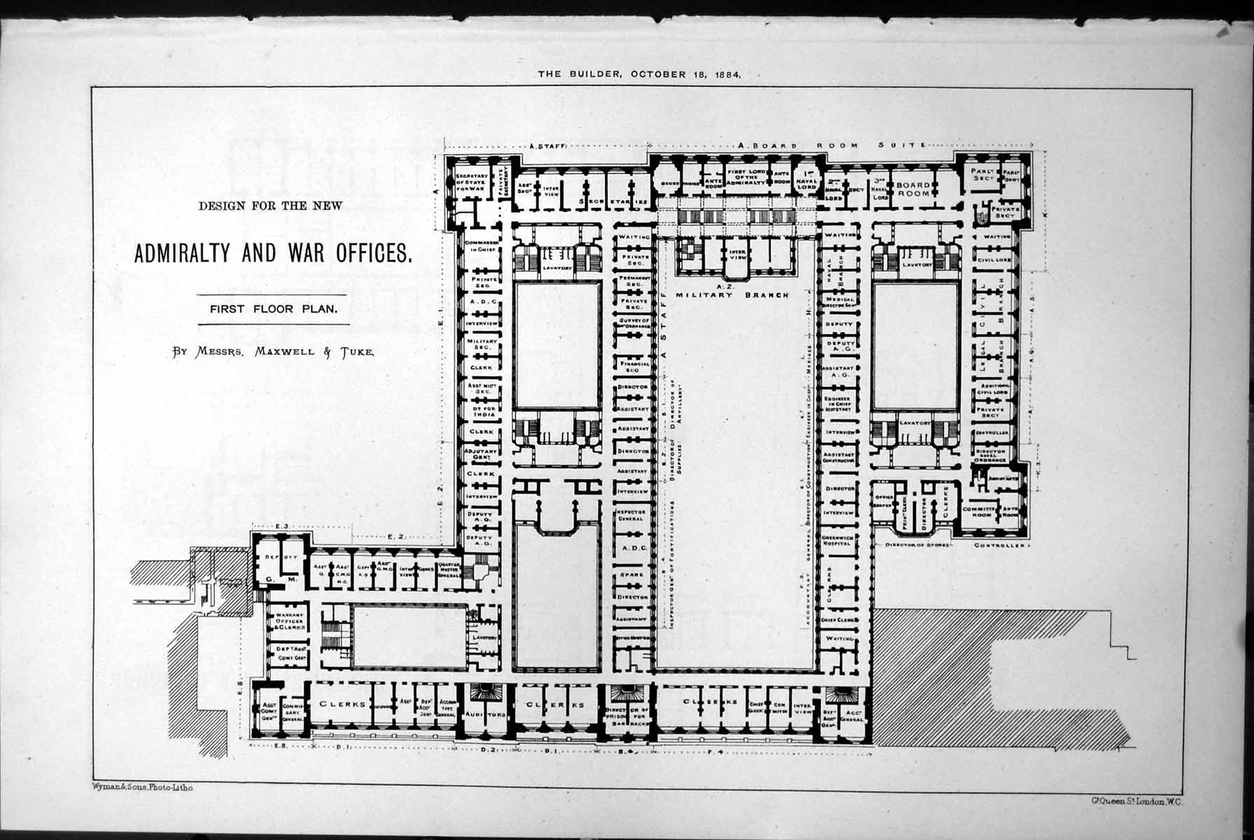 Old Design Admiralty War Offices First Floor Plan Maxwell & Tuke 1884 Victorian