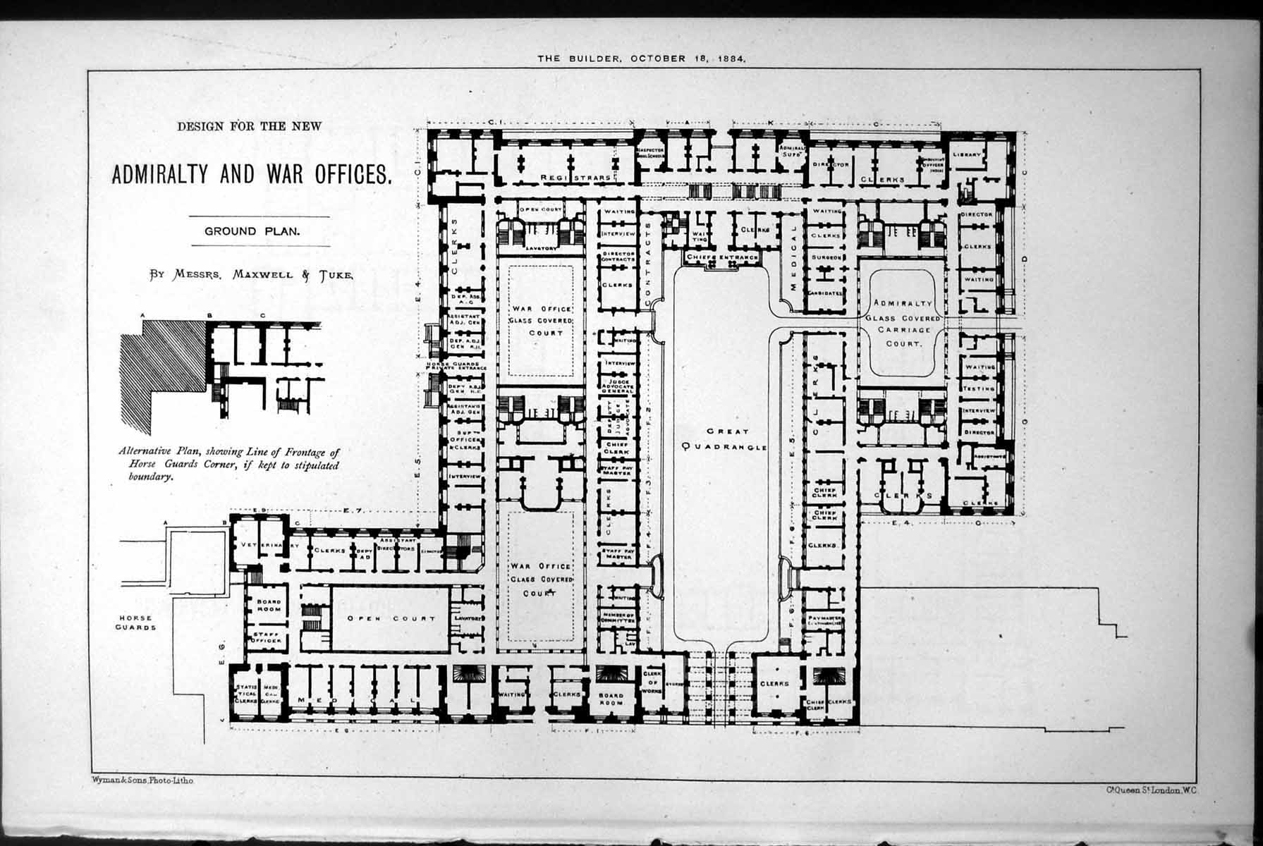Antique Print Design Admiralty War Offices Ground Plan Maxwell & Tuke 1884 19th