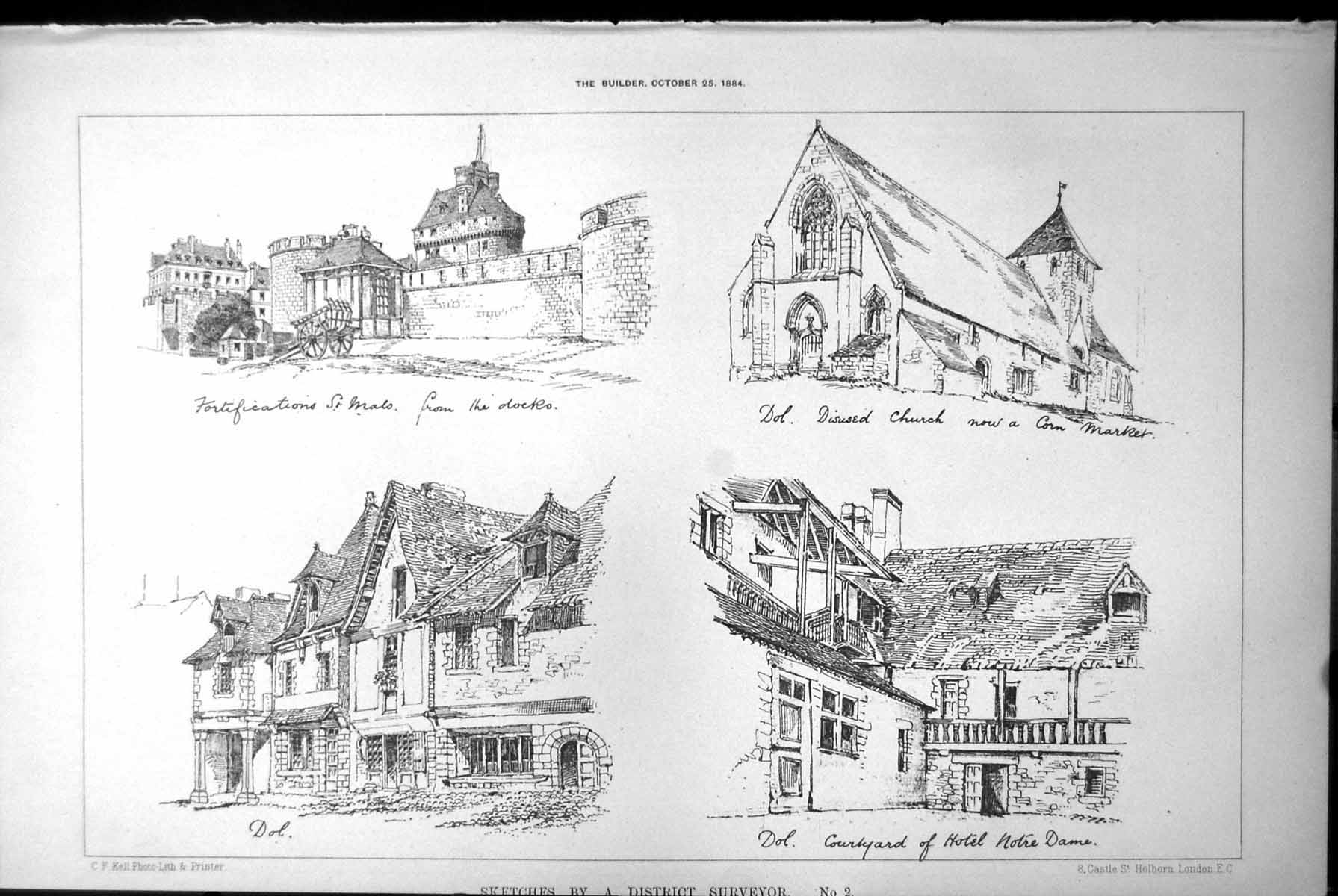 Old Print Fortifications St Malo Church Corn Market Hotel Notre Dame 1884 19th