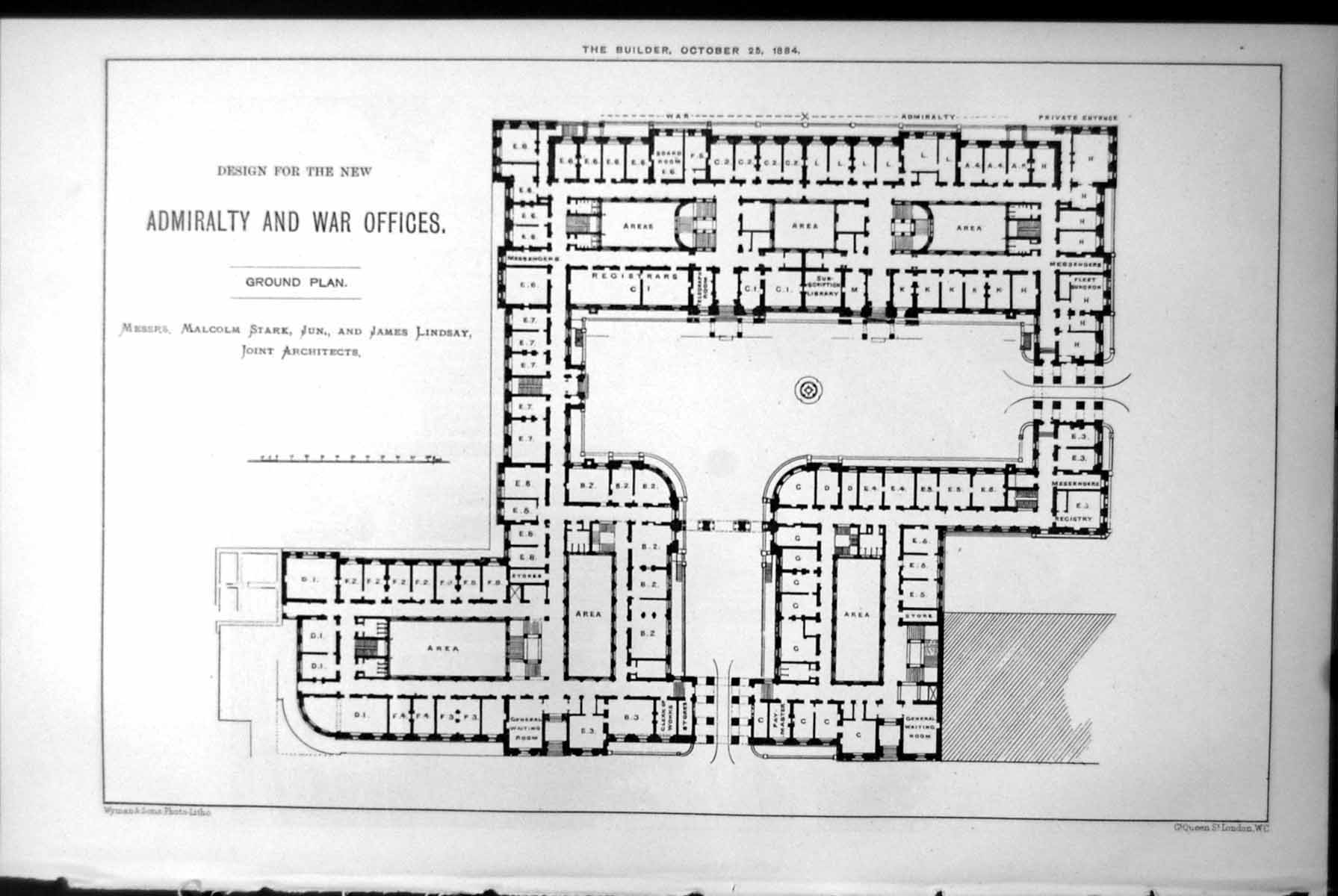 Old Design Admiralty War Offices Ground Plan M Stark & J Lindsay 1884 Victorian