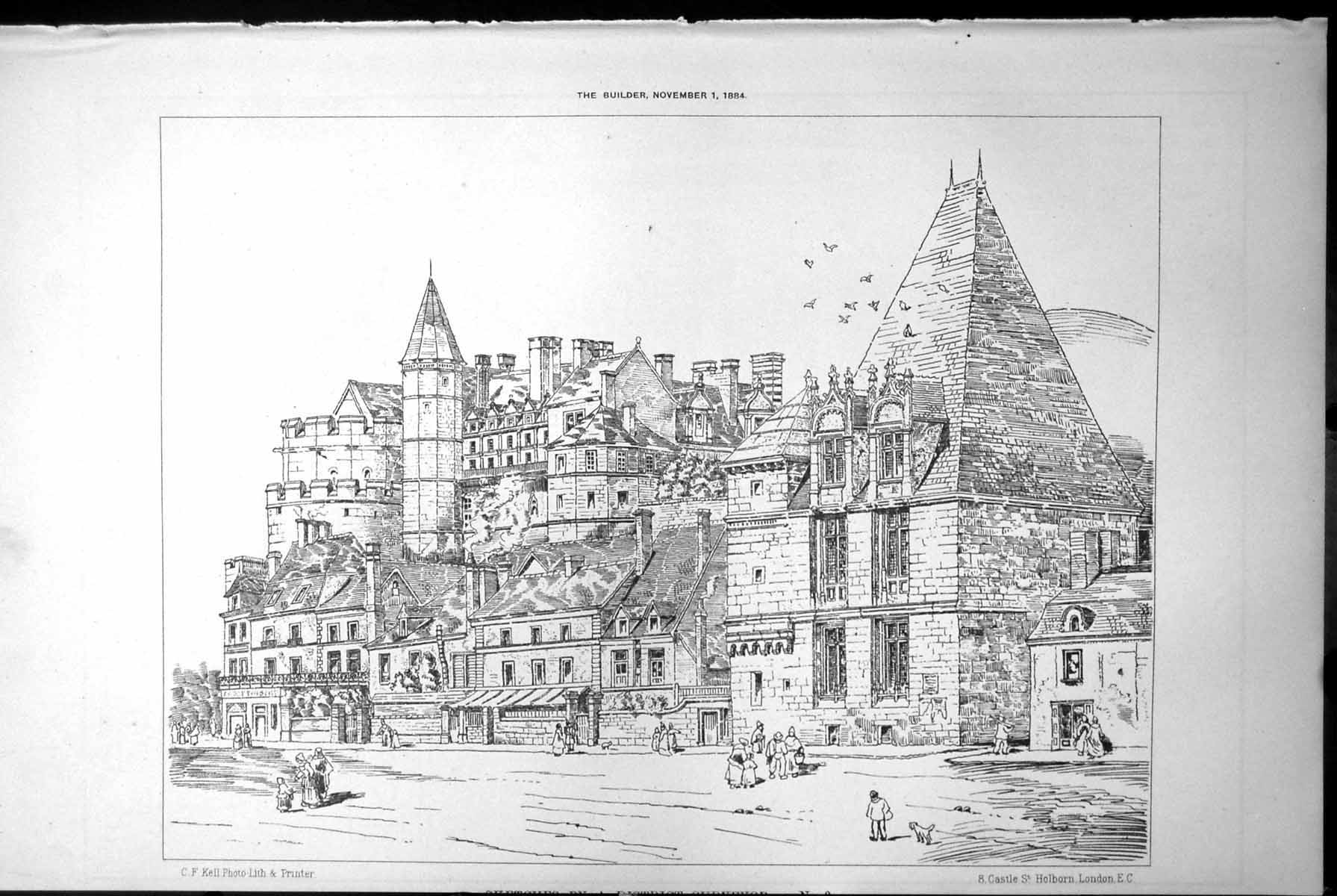 Old Buildings Street Turrets Pedestrians Photo Lith & er London 1884 Victorian